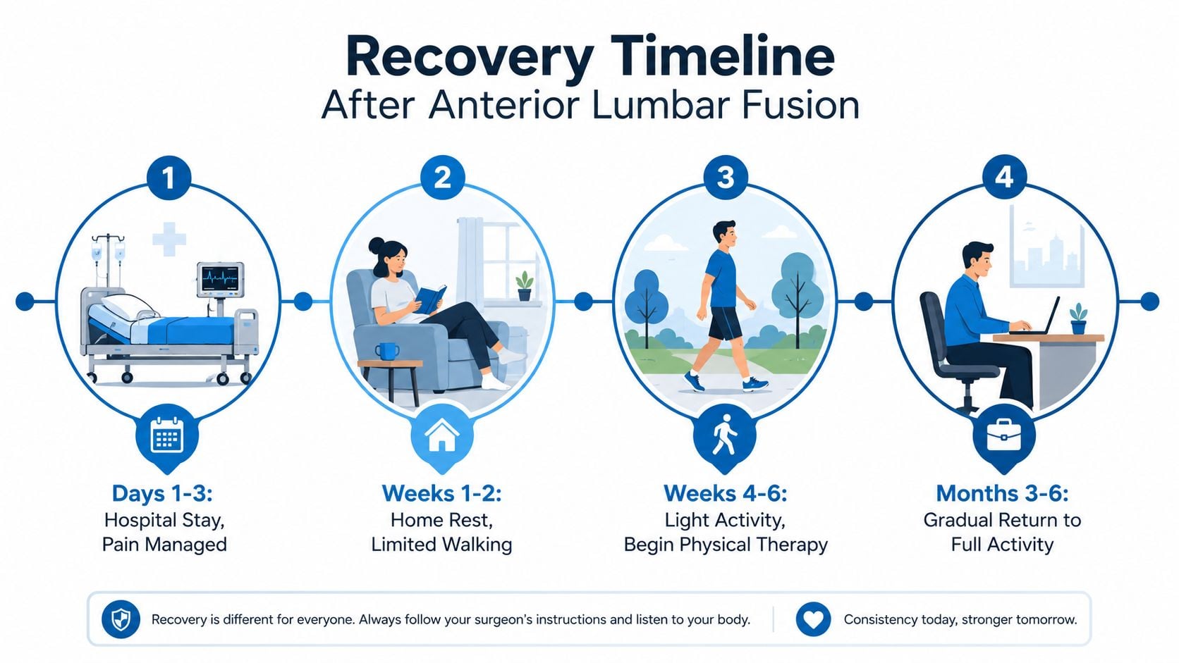 A recovery timeline chart for patients after an anterior lumbar fusion surgery, showing four distinct recovery stages.
