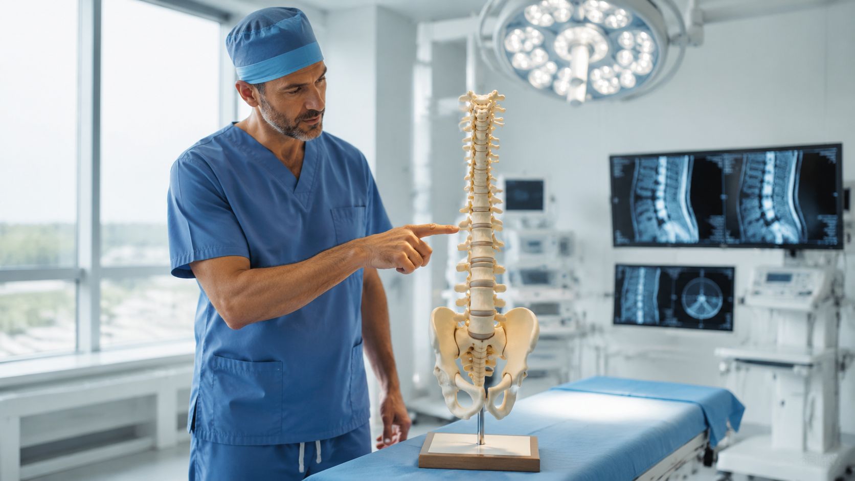 A surgeon in blue scrubs points at an anatomical model of a human spine in an operating room.