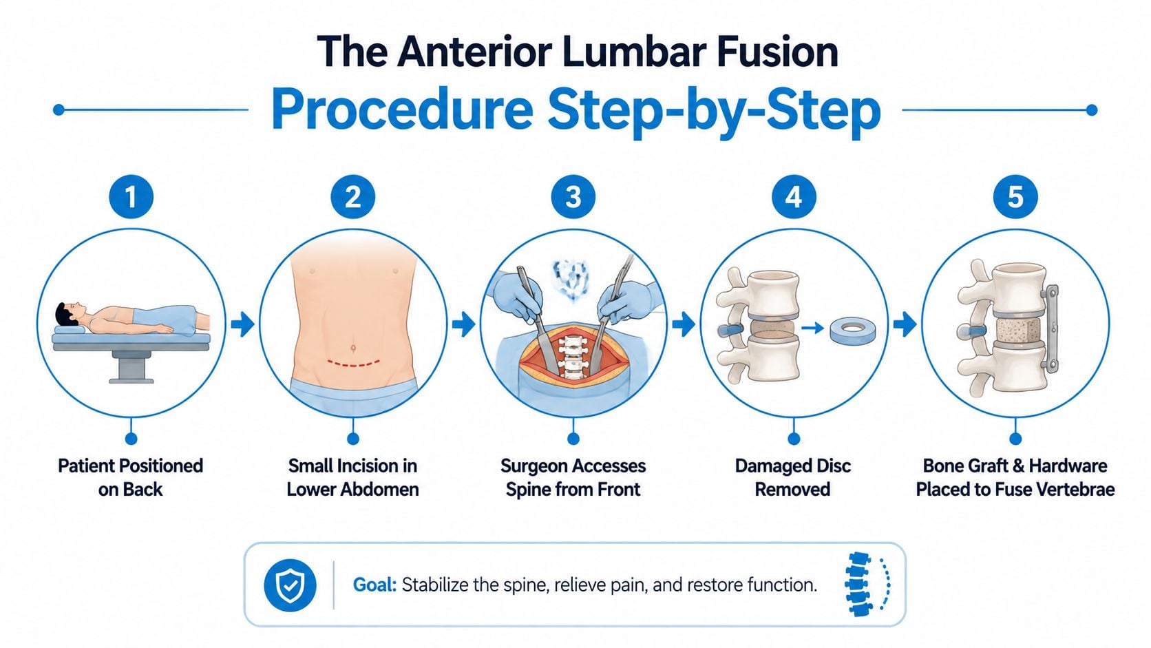A diagram illustrating the five steps of an anterior lumbar fusion surgical procedure for spine stabilization.