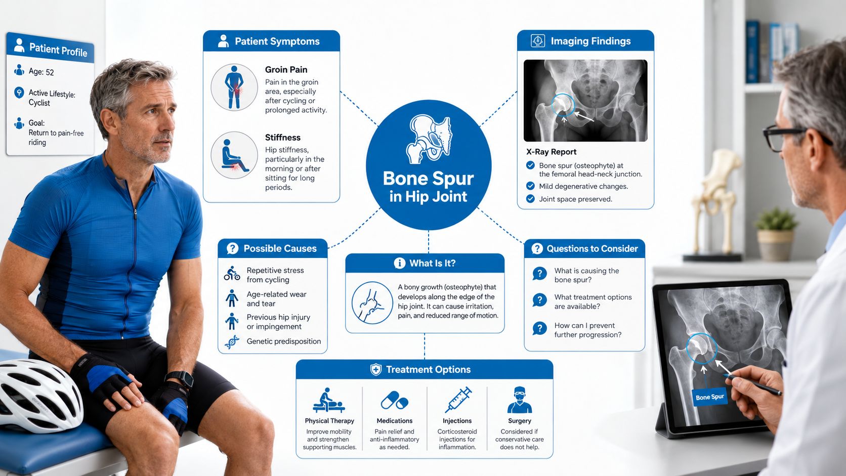 A doctor explaining bone spur in hip joint diagnosis to a patient using an X-ray display
