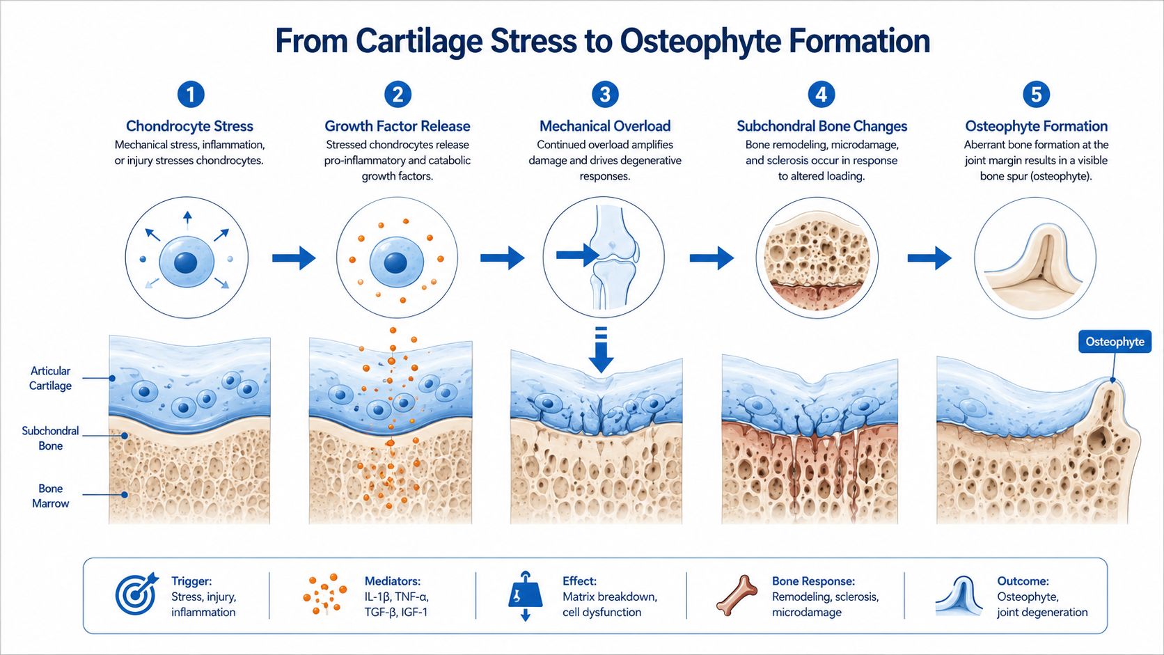 A diagram illustrating the five stages of how cartilage stress leads to bone spur formation in joints.