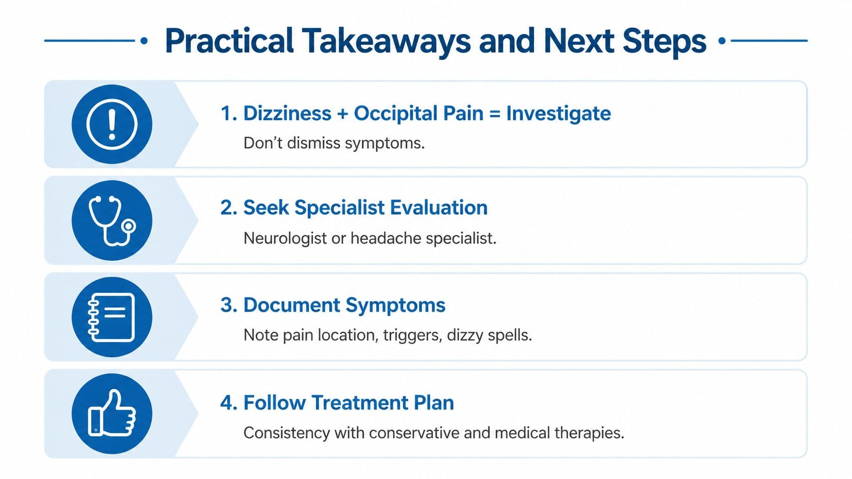 An infographic titled Practical Takeaways and Next Steps, featuring four actionable health advice points listed numerically.