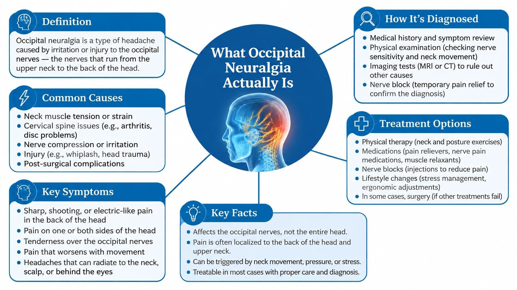 An infographic titled What Occipital Neuralgia Actually Is, detailing its definition, causes, symptoms, diagnosis, and treatment.