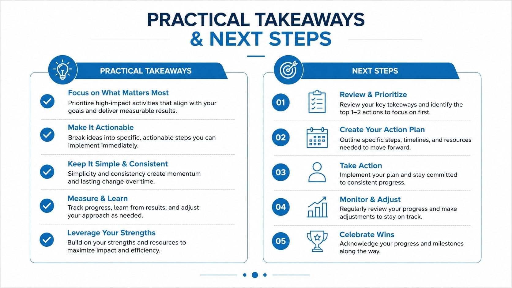 A visual guide outlining practical takeaways and next steps for improving productivity and achieving goals.
