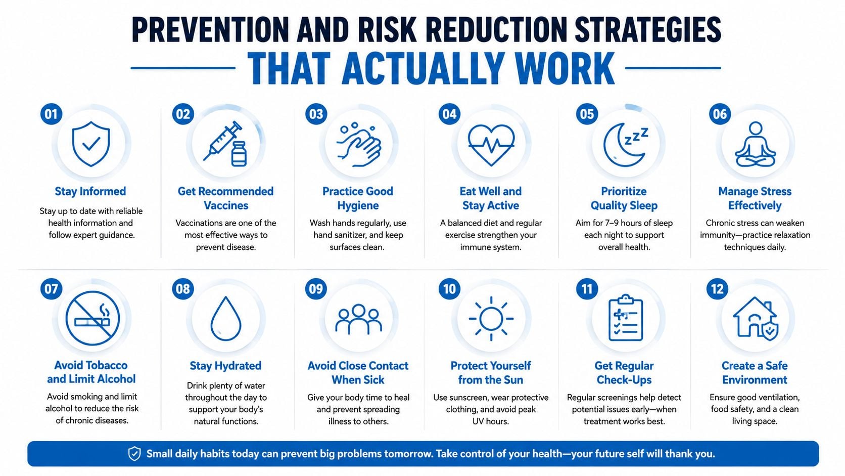 An infographic showing twelve essential health tips and risk reduction strategies to maintain overall well-being and disease prevention.