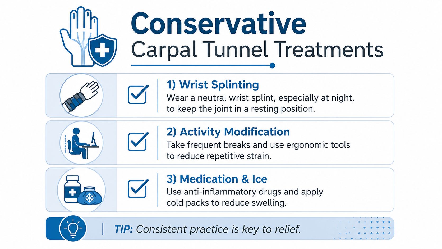An infographic showing three conservative treatment options for carpal tunnel syndrome: wrist splinting, activity modification, and medication.