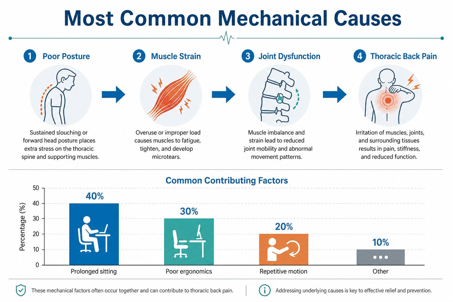 An infographic detailing common mechanical causes and contributing factors for thoracic spine pain in adults.