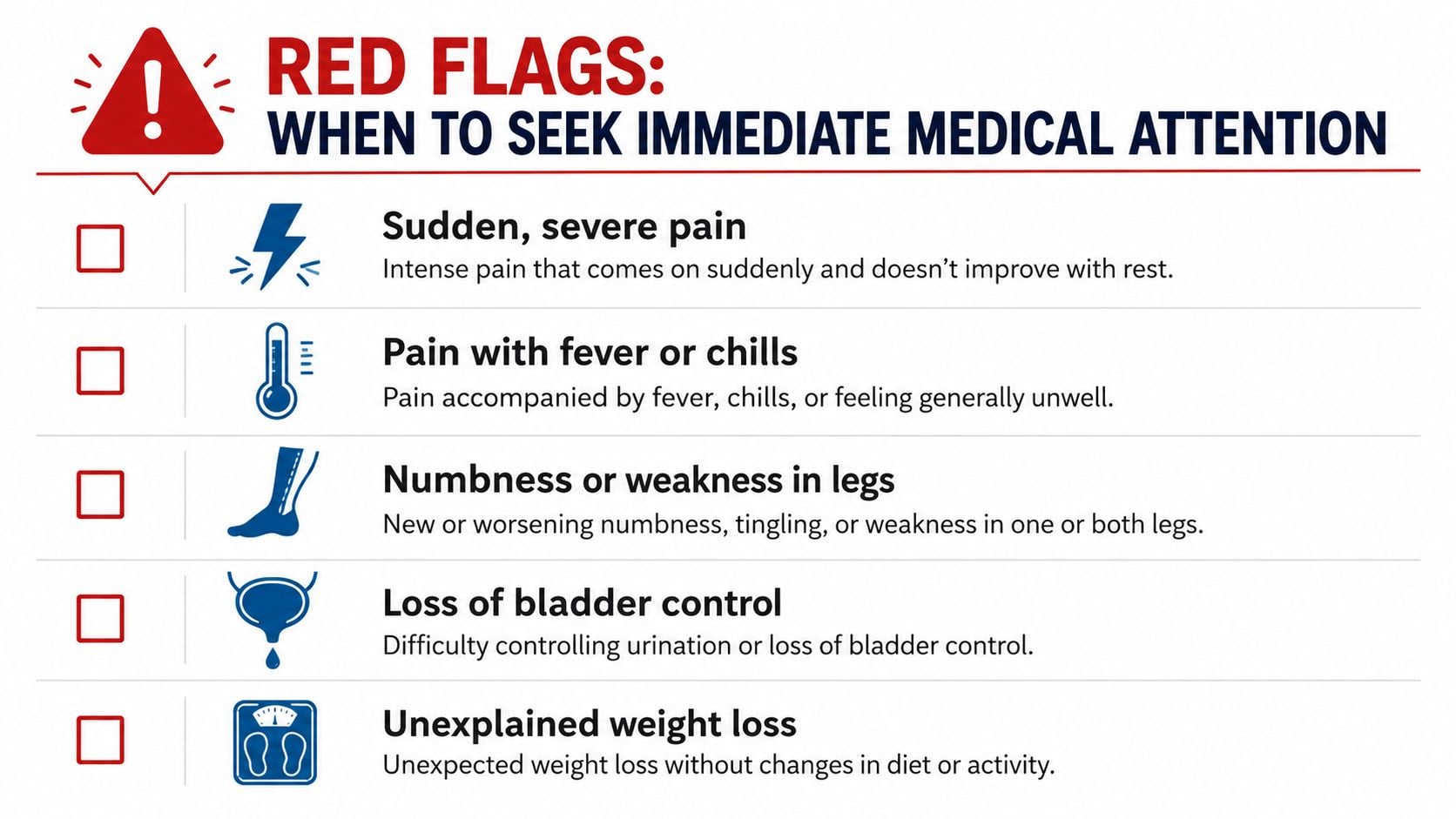 A list of red flag symptoms indicating when you should seek immediate medical attention for back pain.