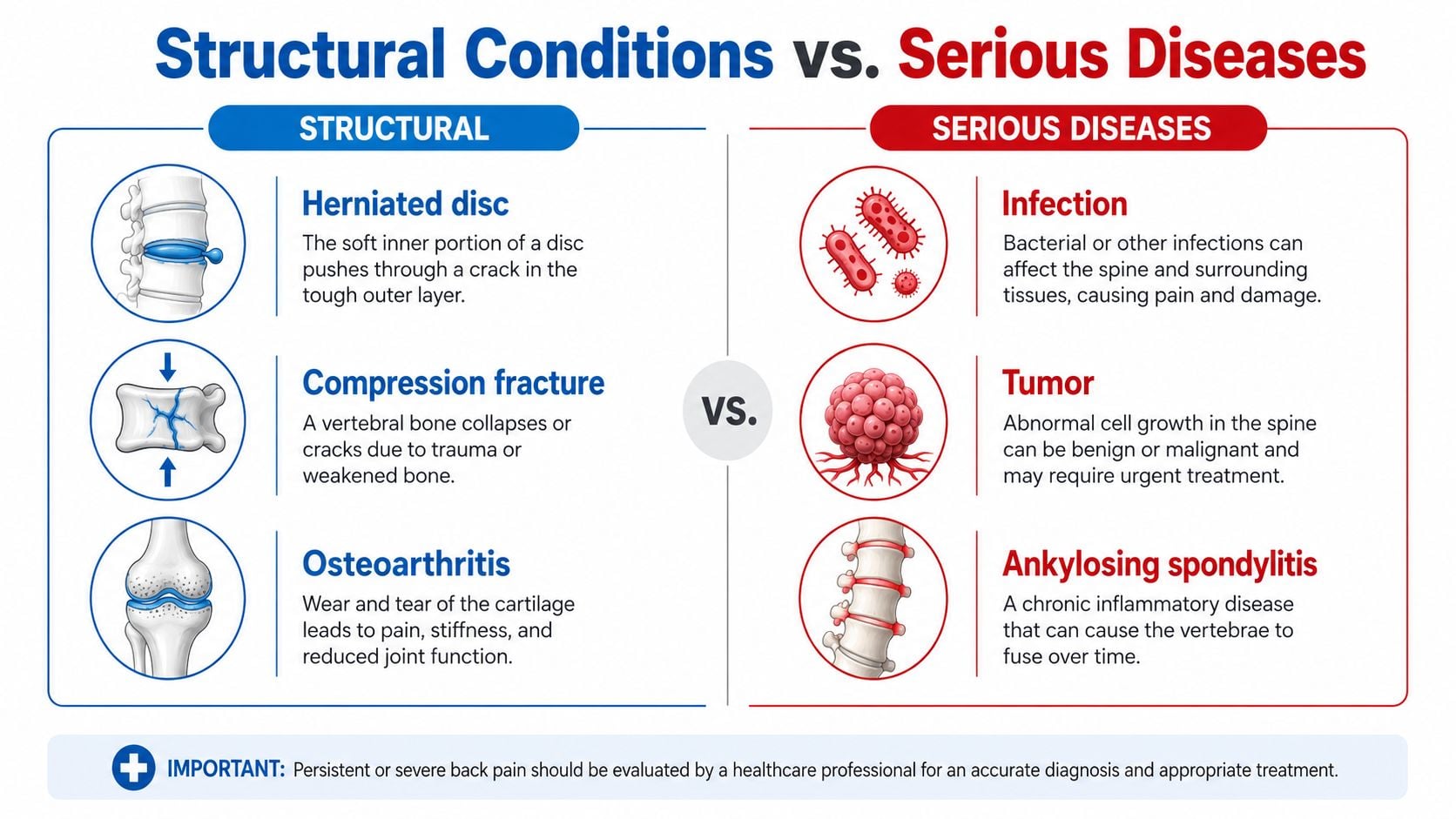An infographic comparing structural spinal conditions like herniated discs to serious diseases such as spinal infections and tumors.
