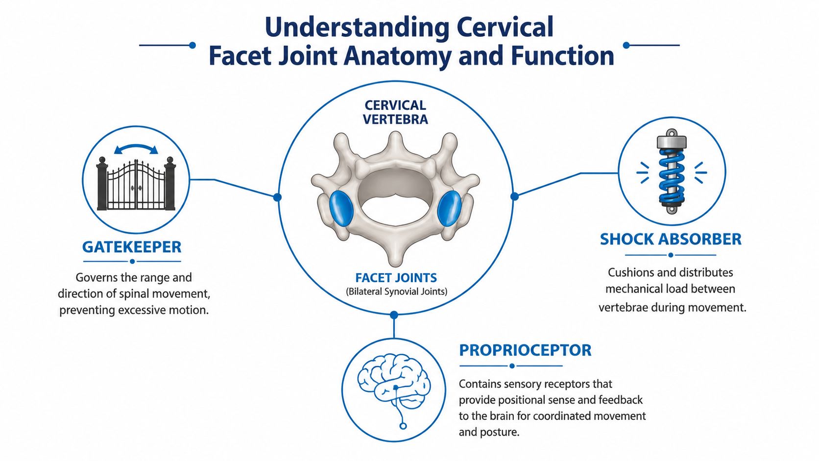 An infographic showing the three primary functions of the cervical facet joints: gatekeeper, shock absorber, and proprioceptor.