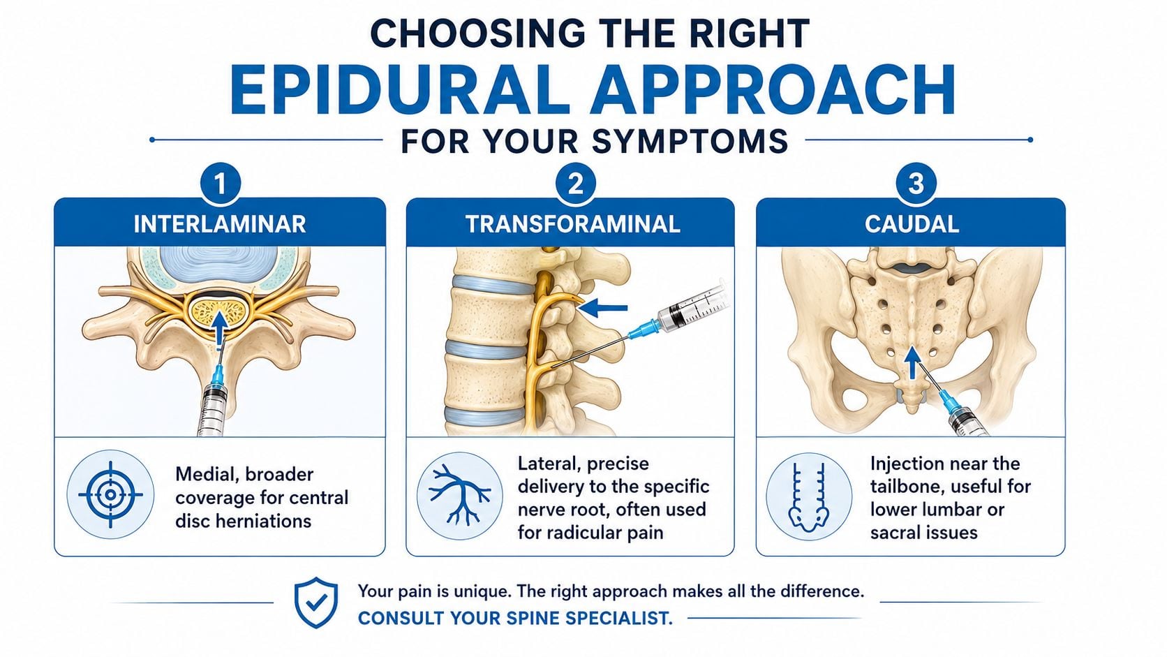 An infographic illustrating three different epidural approaches, including interlaminar, transforaminal, and caudal injections for spine pain relief.