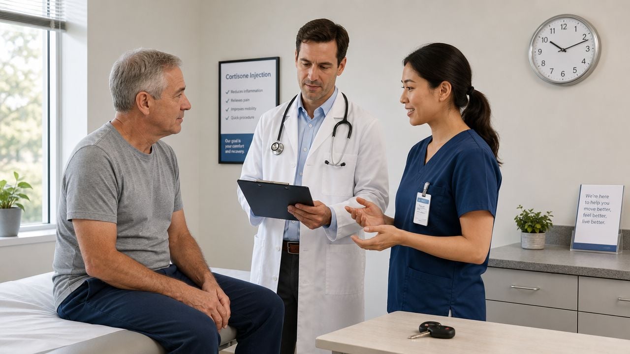A doctor and a nurse consulting with an elderly patient about a cortisone injection in a clinic.