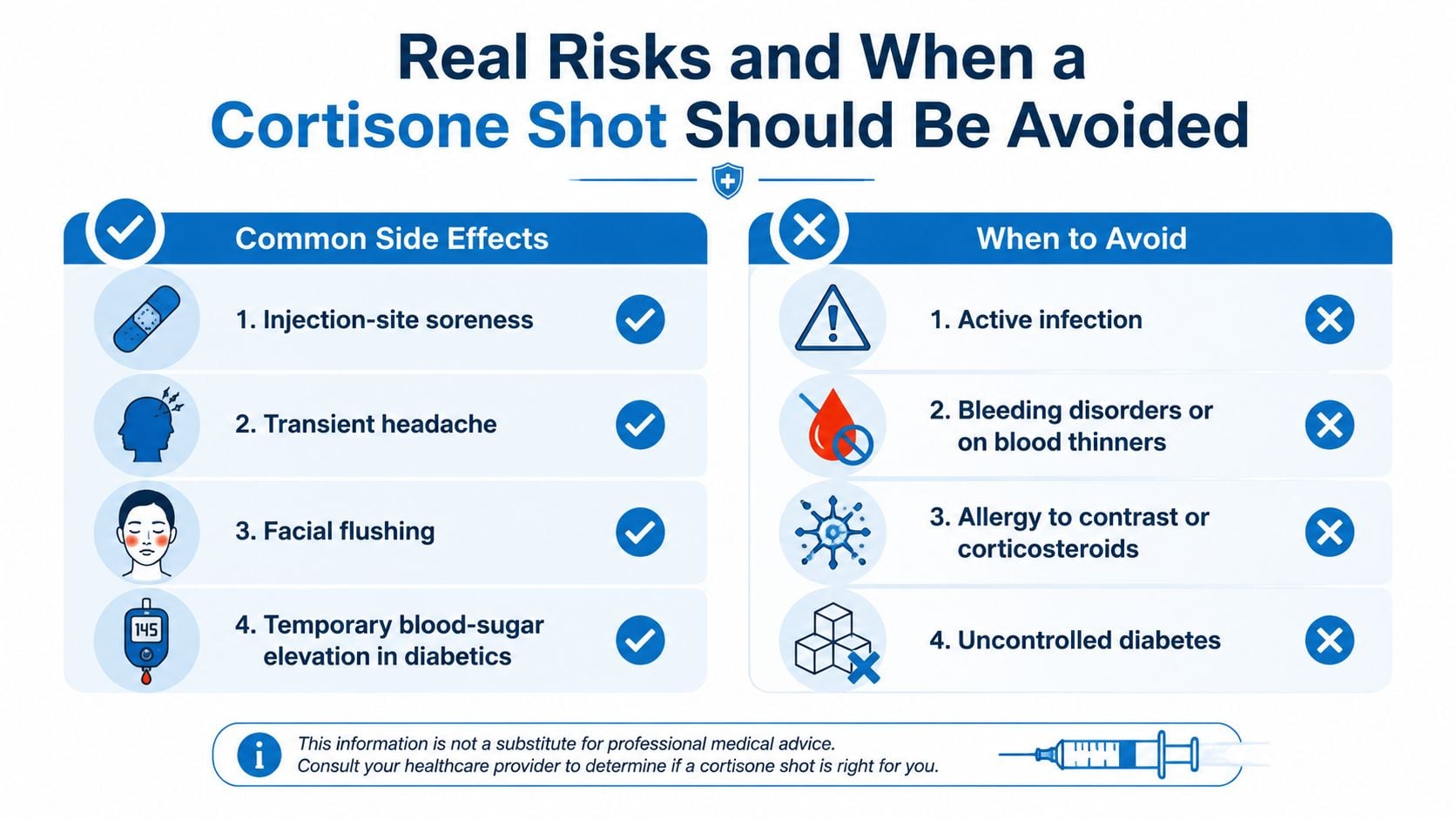 A chart listing common side effects of a cortisone shot and specific situations when it should be avoided.