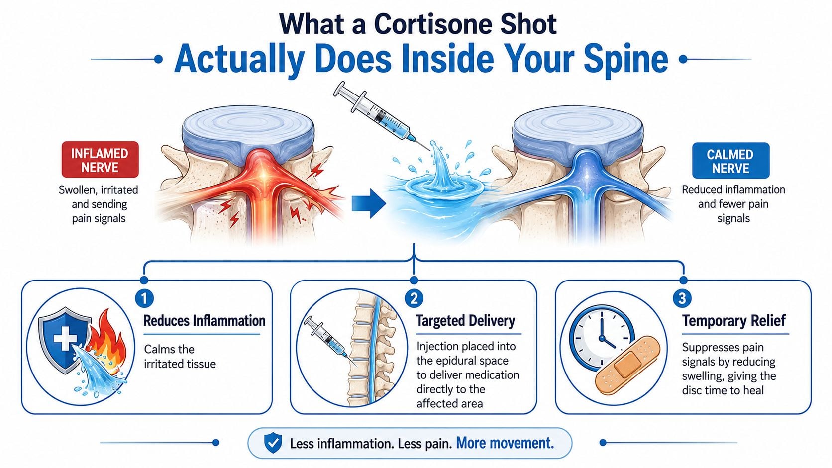 A diagram illustrating how a cortisone injection reduces inflammation and pain inside the spinal canal.