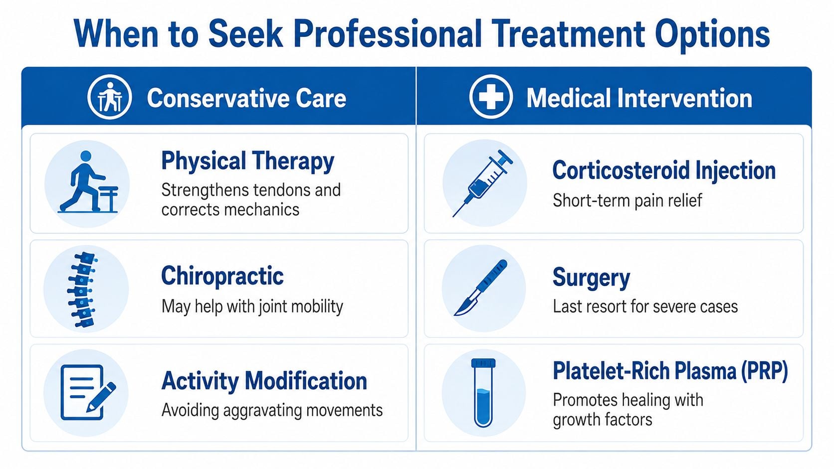 A medical infographic comparing conservative care methods and medical interventions for treating injury symptoms or pain.