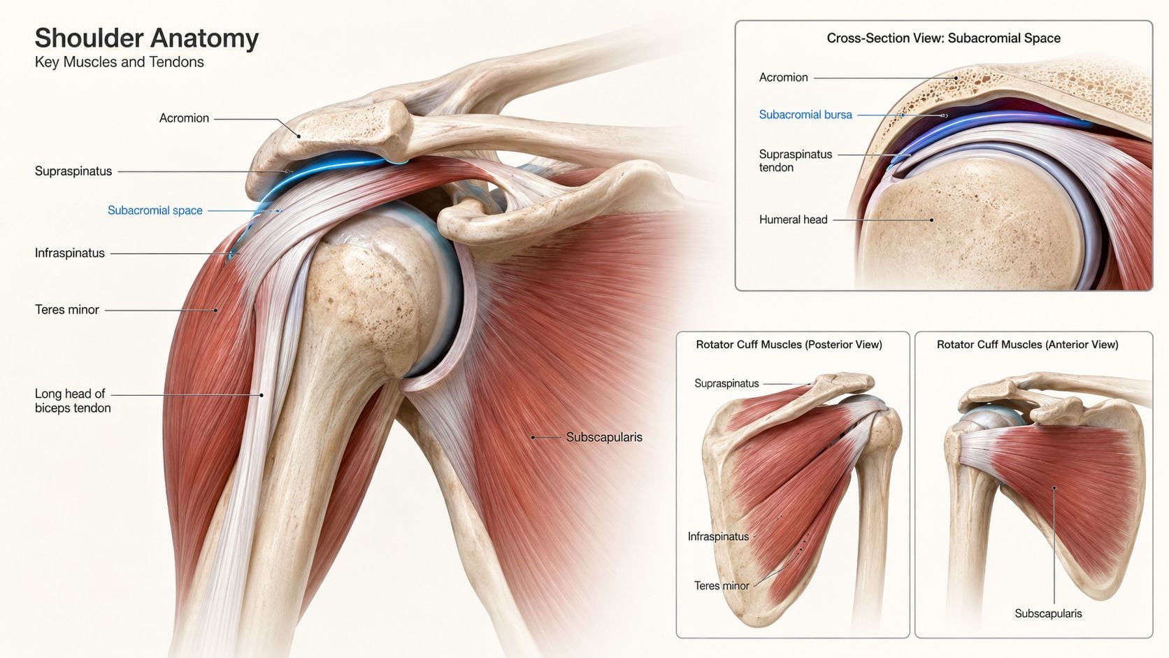 An anatomical illustration of the human shoulder highlighting the rotator cuff muscles, tendons, and subacromial space.