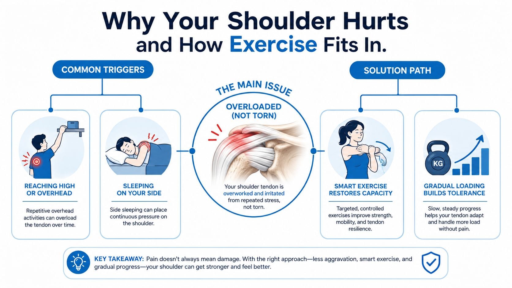 An infographic explaining how shoulder pain is often caused by tendon overload and improved through gradual exercise.