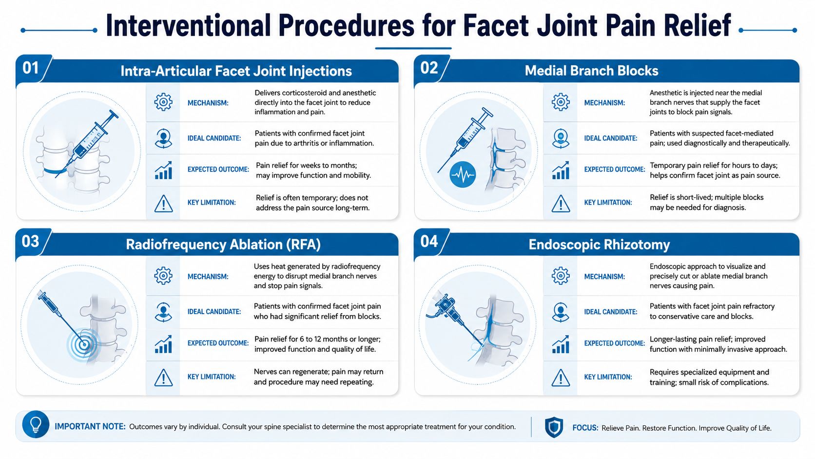 An educational infographic outlining four interventional medical procedures used for treating chronic facet joint pain.