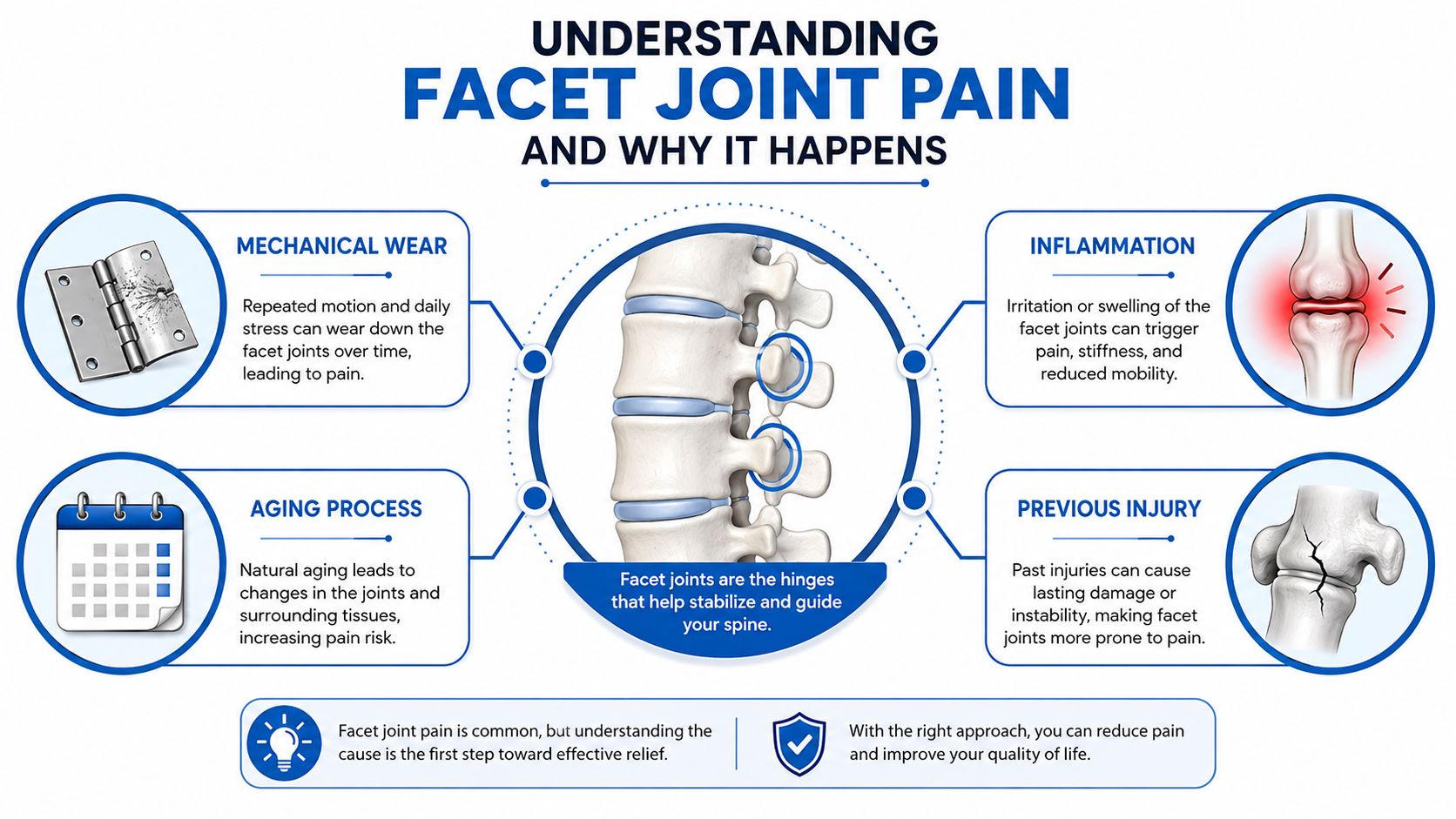 An infographic explaining the causes of facet joint pain, including mechanical wear, aging, inflammation, and previous injuries.