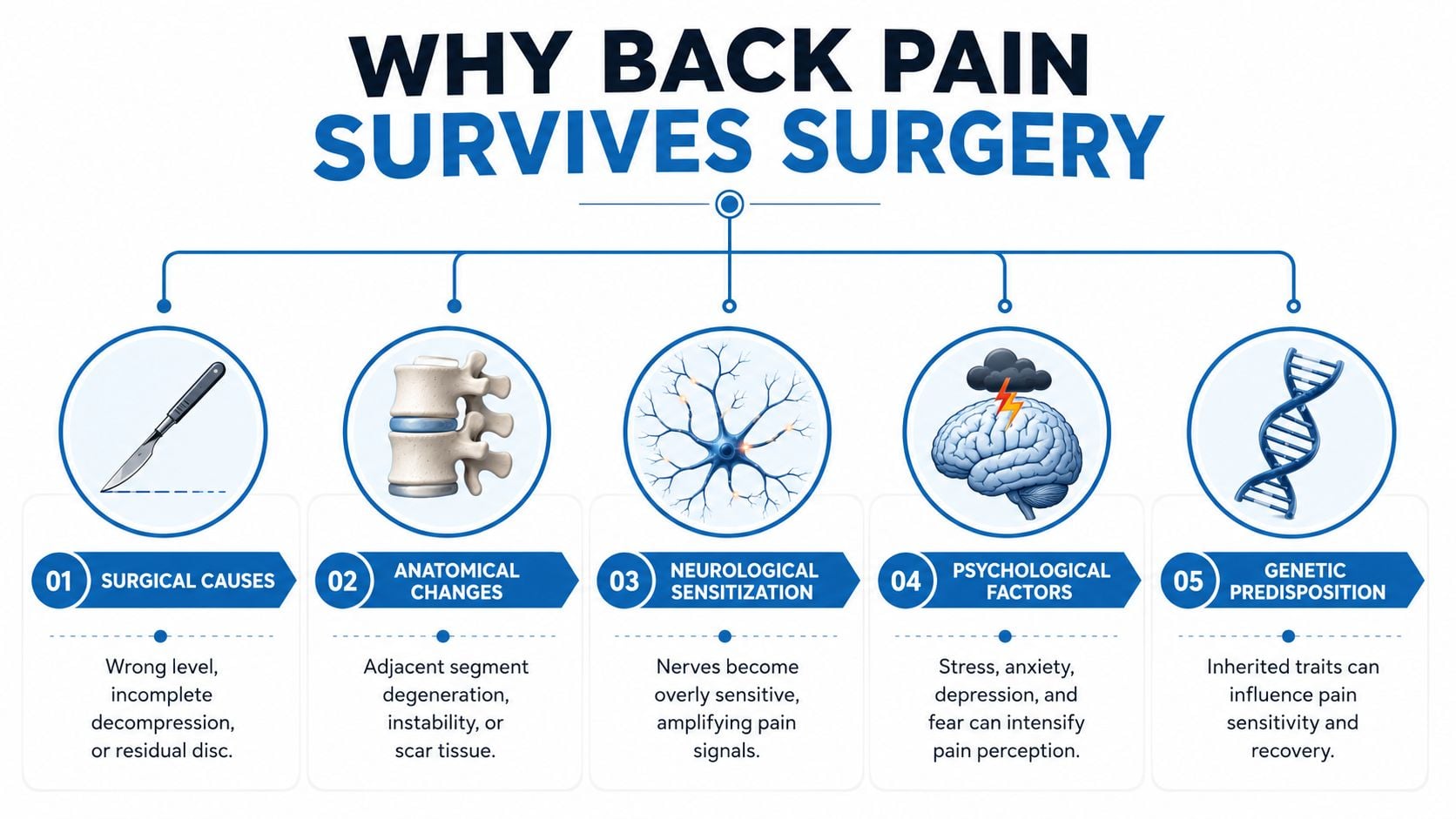 An infographic titled Why Back Pain Survives Surgery, detailing five key reasons why back pain persists after spinal surgery.