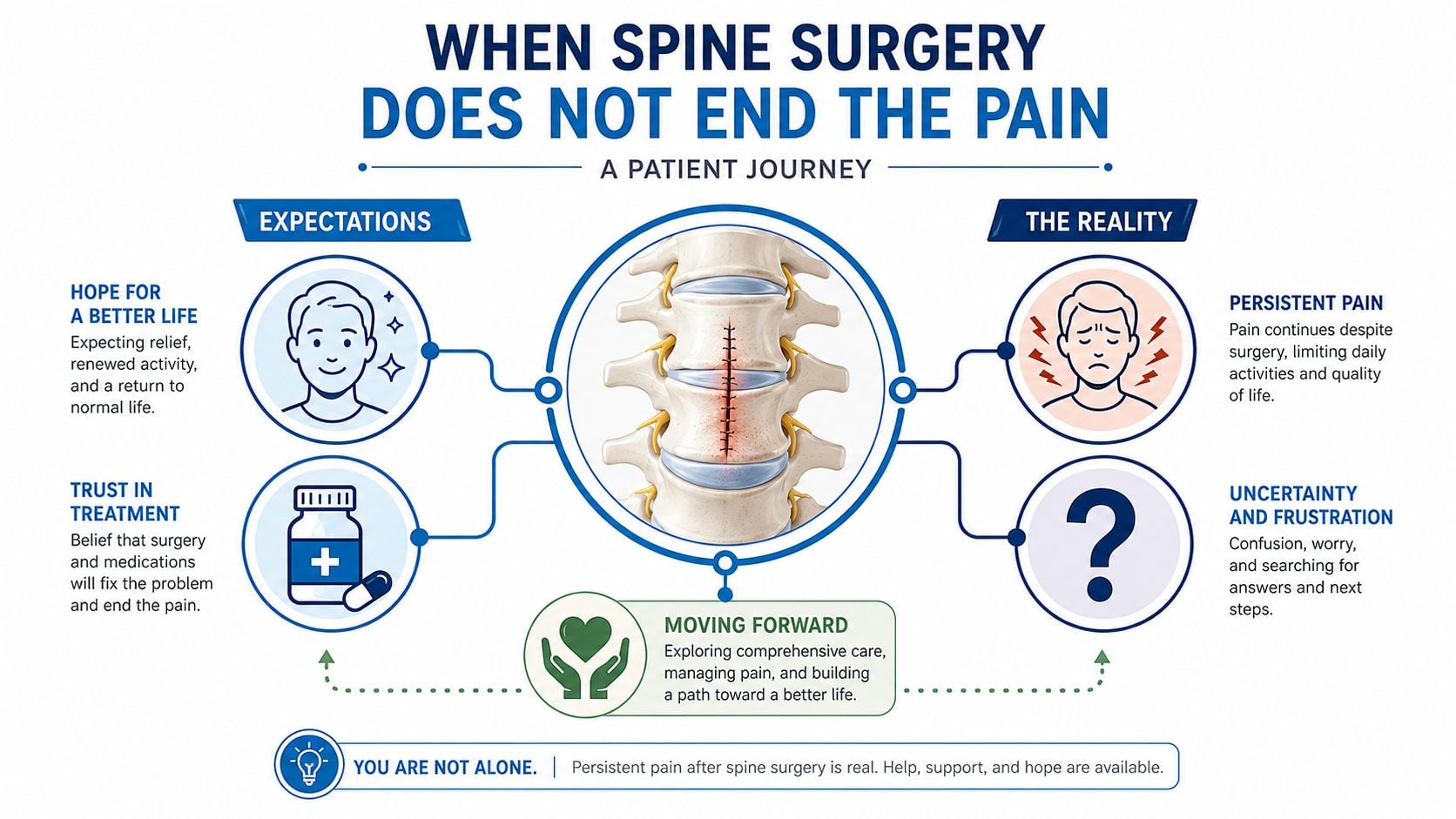 An infographic titled When Spine Surgery Does Not End The Pain, showing patient expectations versus reality.