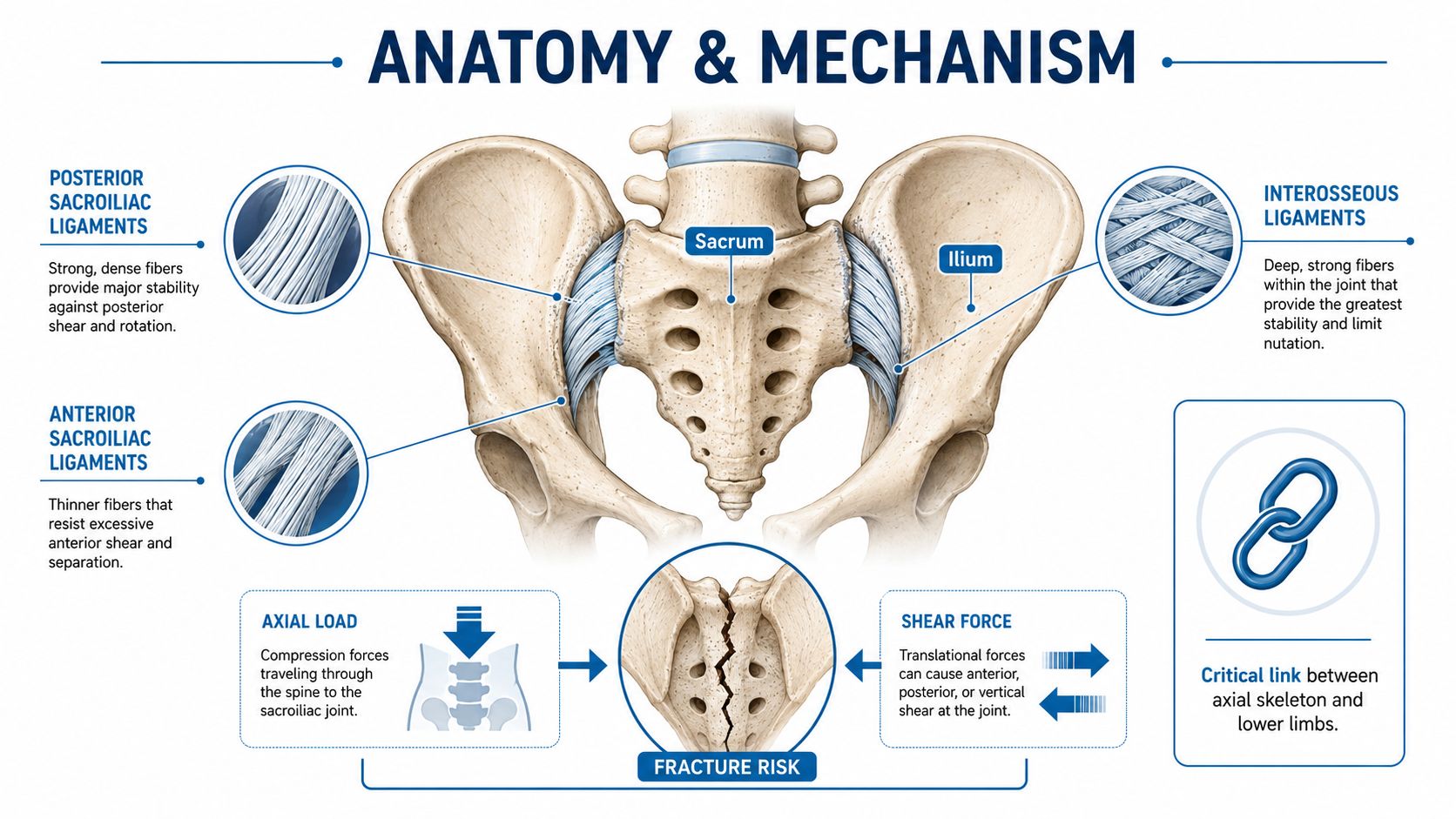 Anatomical diagram illustrating the sacroiliac joint, its ligaments, and the mechanical forces causing fracture risk.