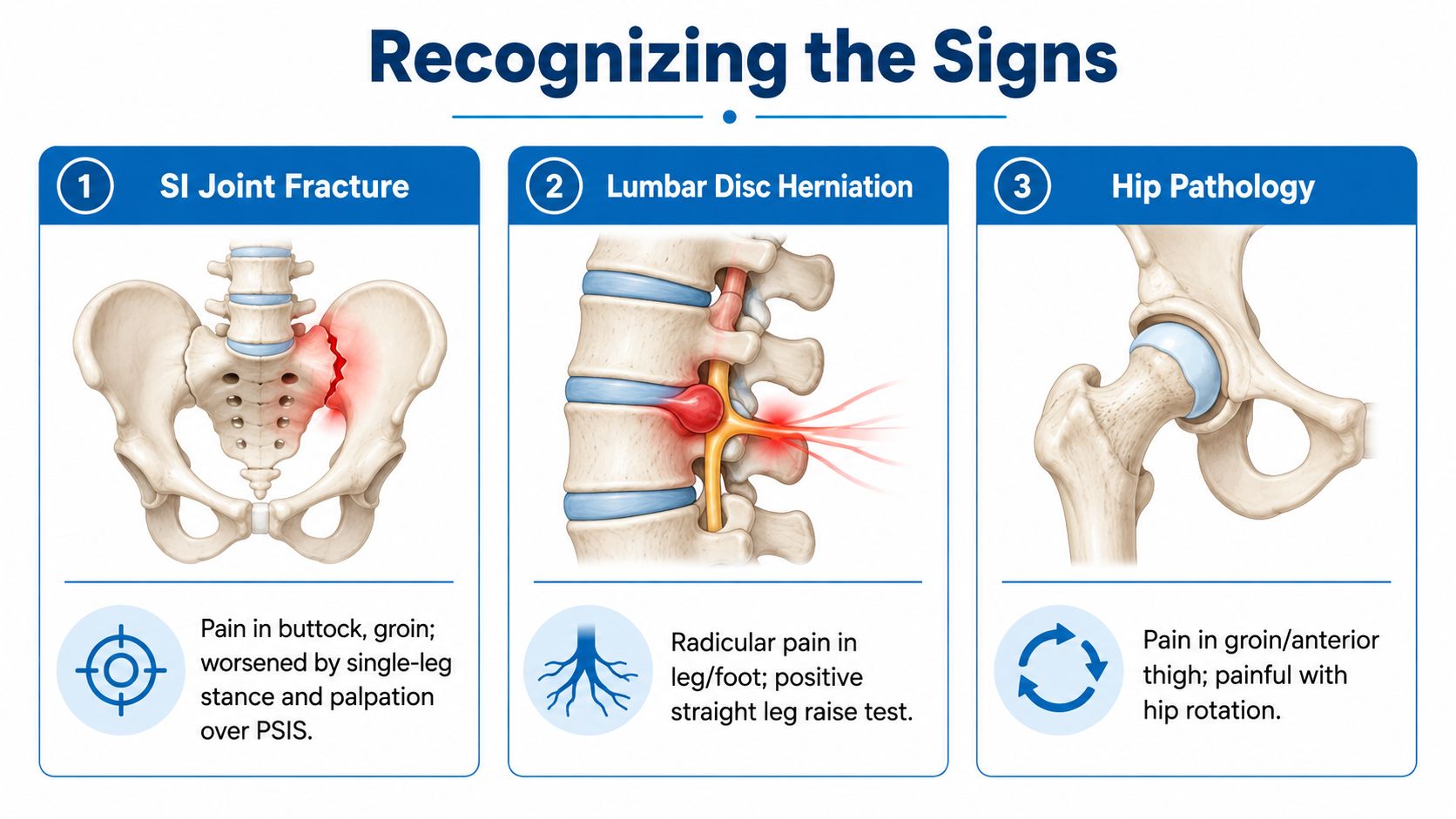 An infographic showing three common causes of pelvic and lower back pain: SI joint fracture, lumbar disc herniation, and hip pathology.