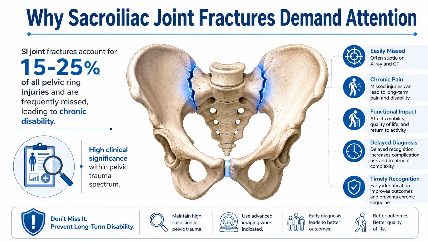 An infographic showing the clinical significance of diagnosing sacroiliac joint fractures to prevent long-term chronic disability.