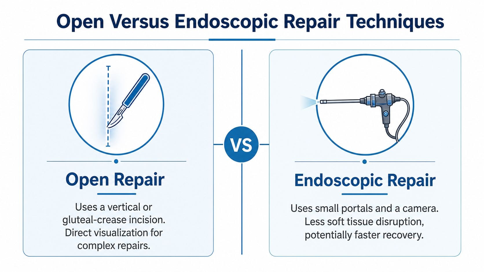 A comparison infographic showing the difference between open repair and endoscopic repair for surgical procedures.