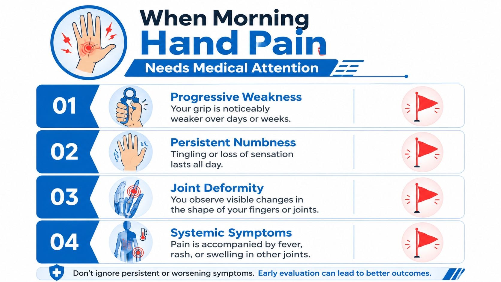 An infographic showing four warning signs of morning hand pain that require professional medical evaluation and attention.