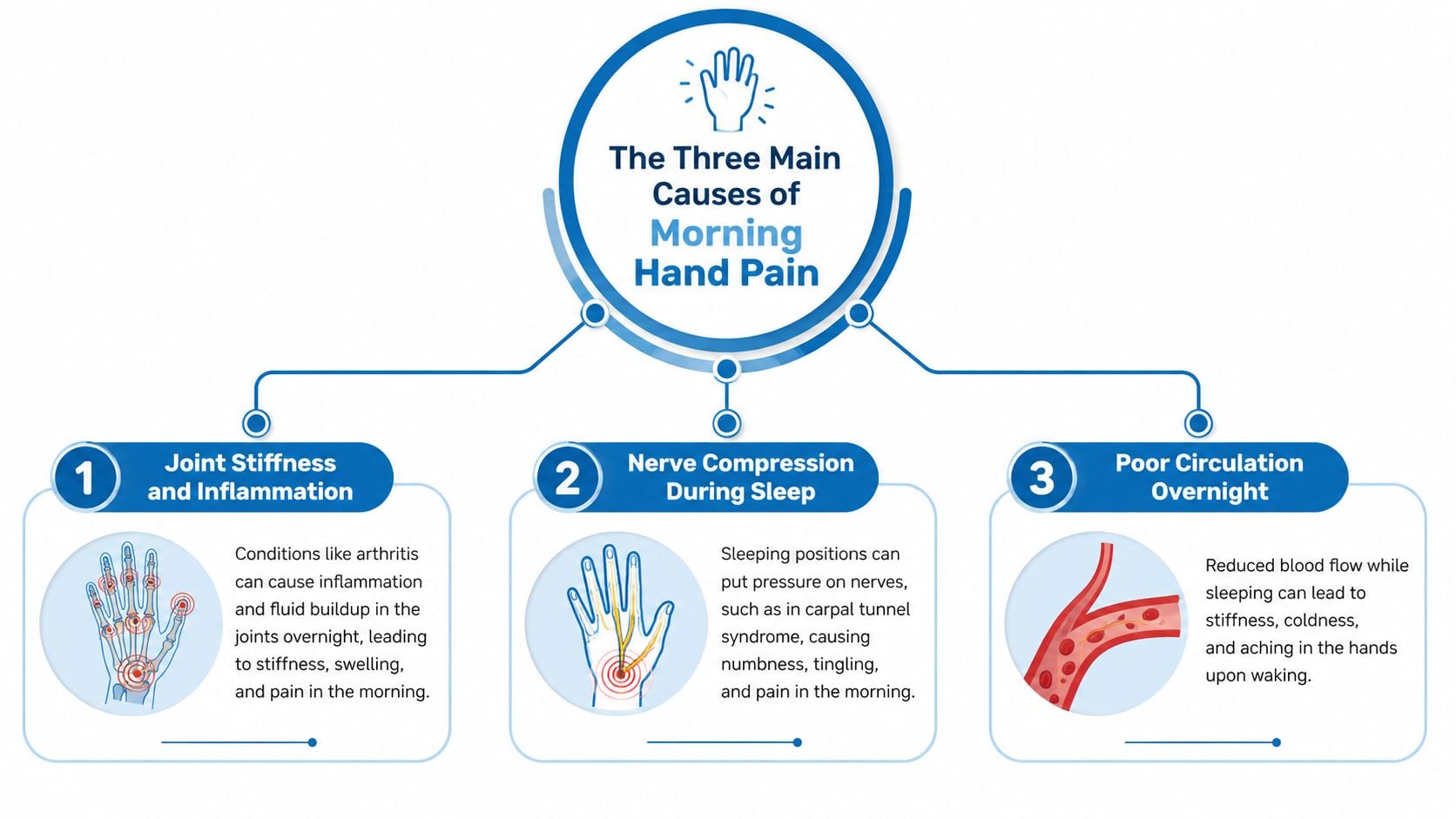 An infographic illustrating three main causes of morning hand pain: joint inflammation, nerve compression, and poor circulation.