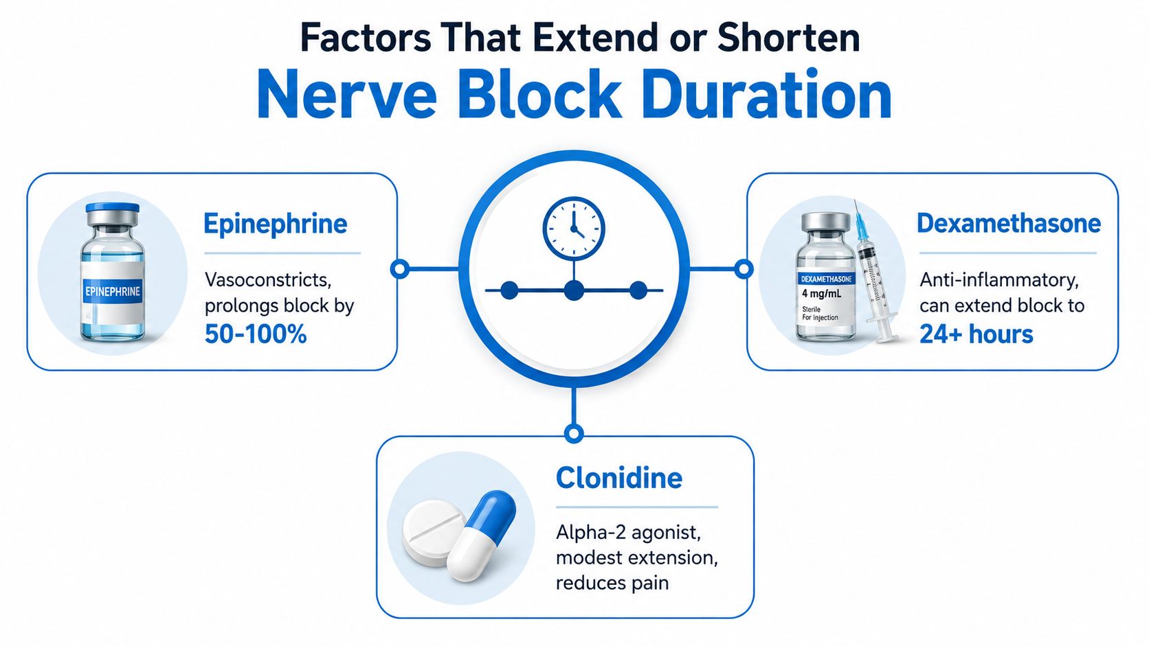 An infographic detailing medical additives like epinephrine, dexamethasone, and clonidine used to extend nerve block duration.