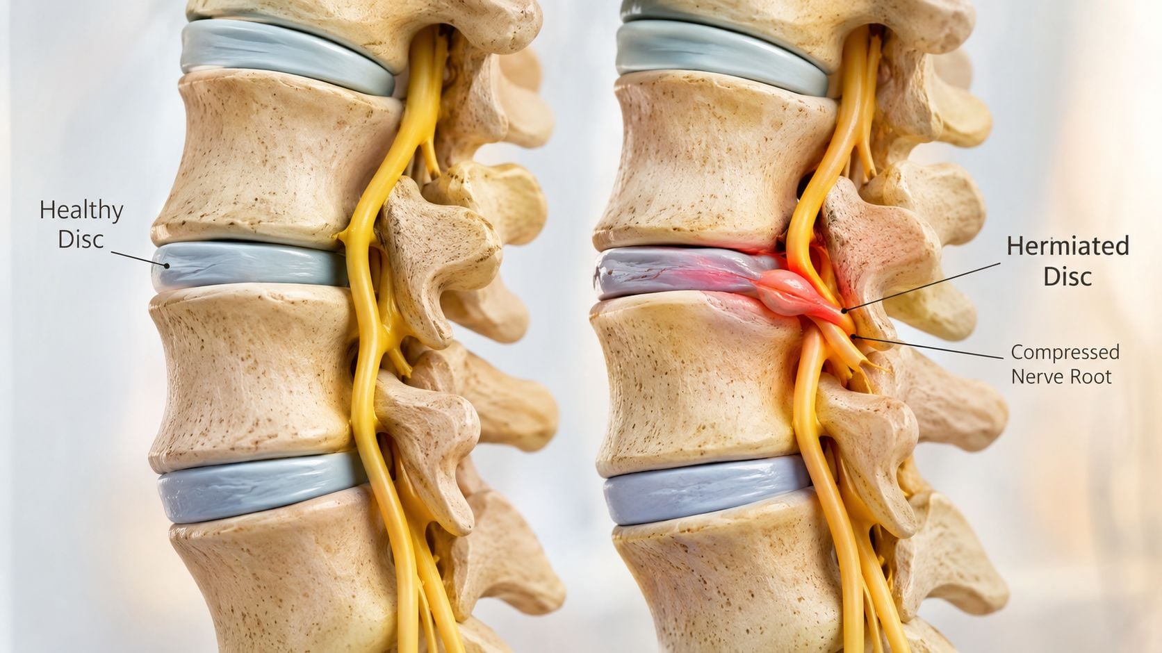 A 3D medical illustration comparing a healthy spinal disc with a herniated disc compressing a nerve root.