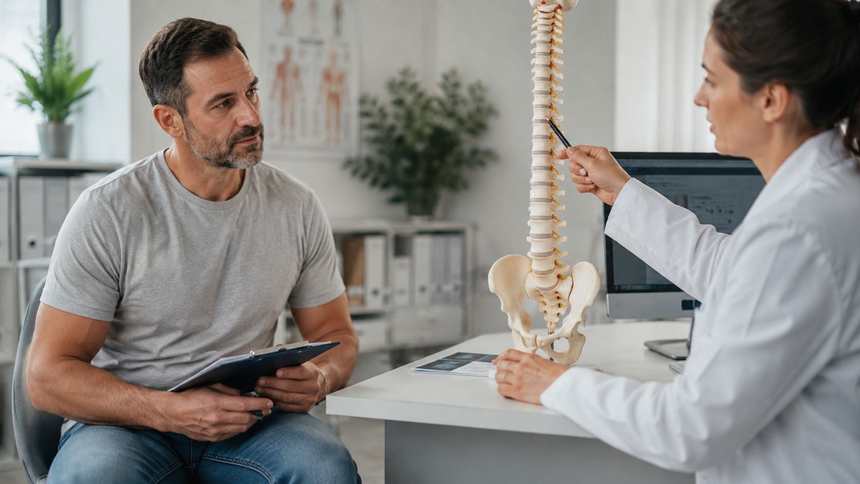 A male patient listens to a female doctor explaining a spinal model during a medical consultation.