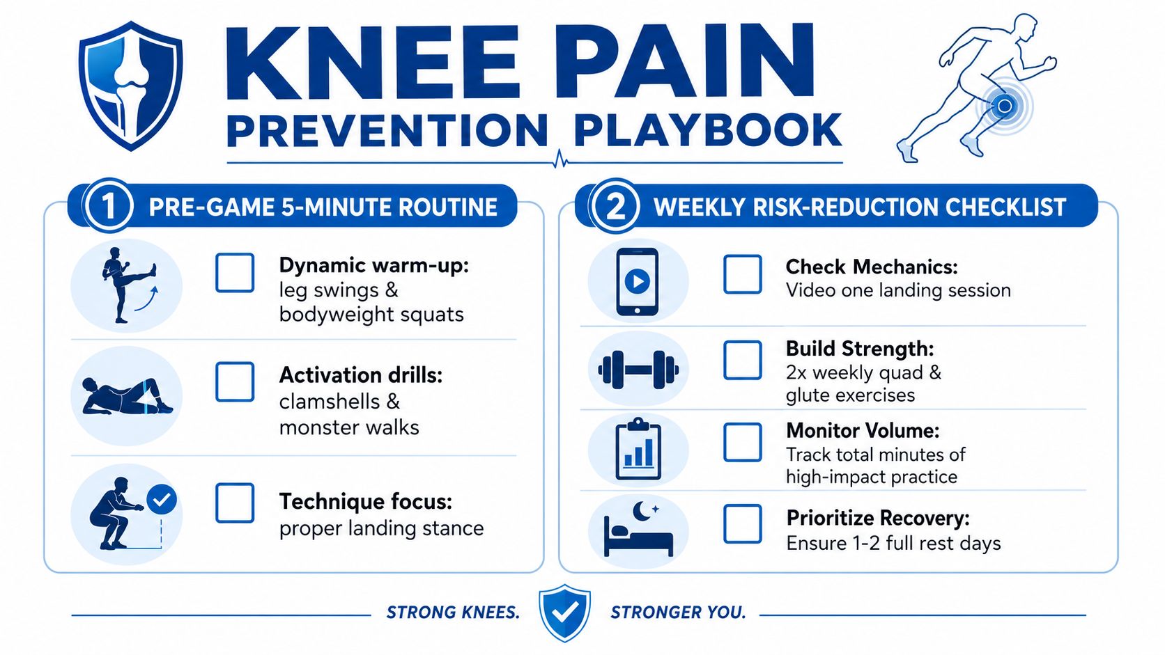 An infographic titled Knee Pain Prevention Playbook featuring a two-part guide with warm-up routines and weekly recovery tips.