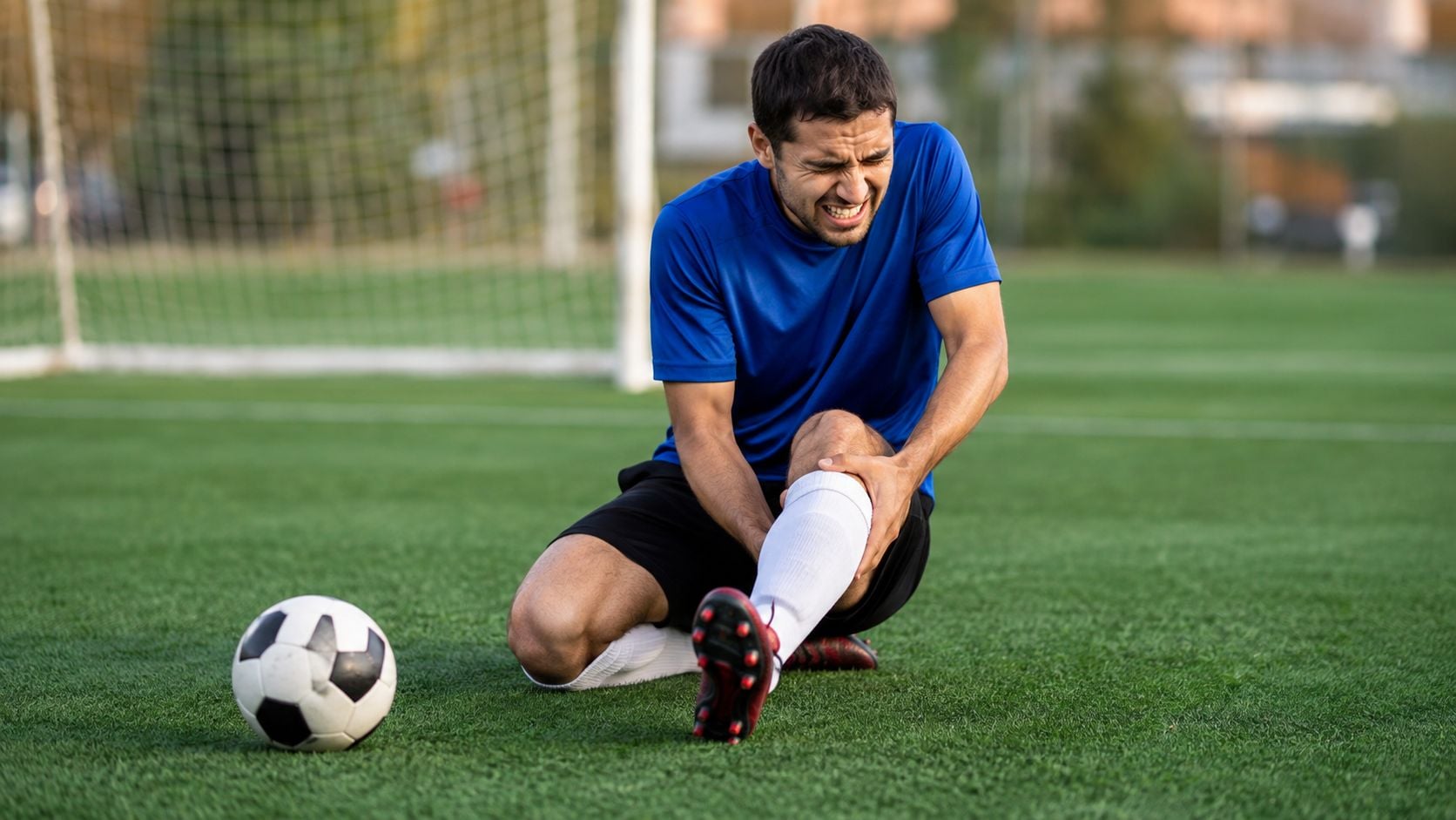 A soccer player sits on the field holding his injured knee in pain during a game.