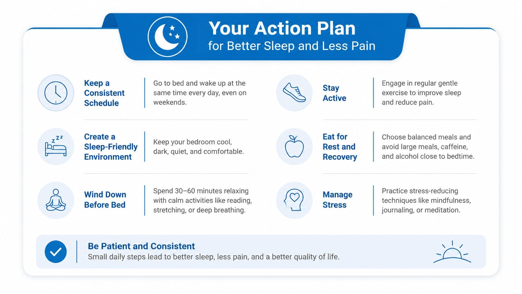 A helpful action plan infographic offering tips for improving sleep quality and reducing physical pain daily.