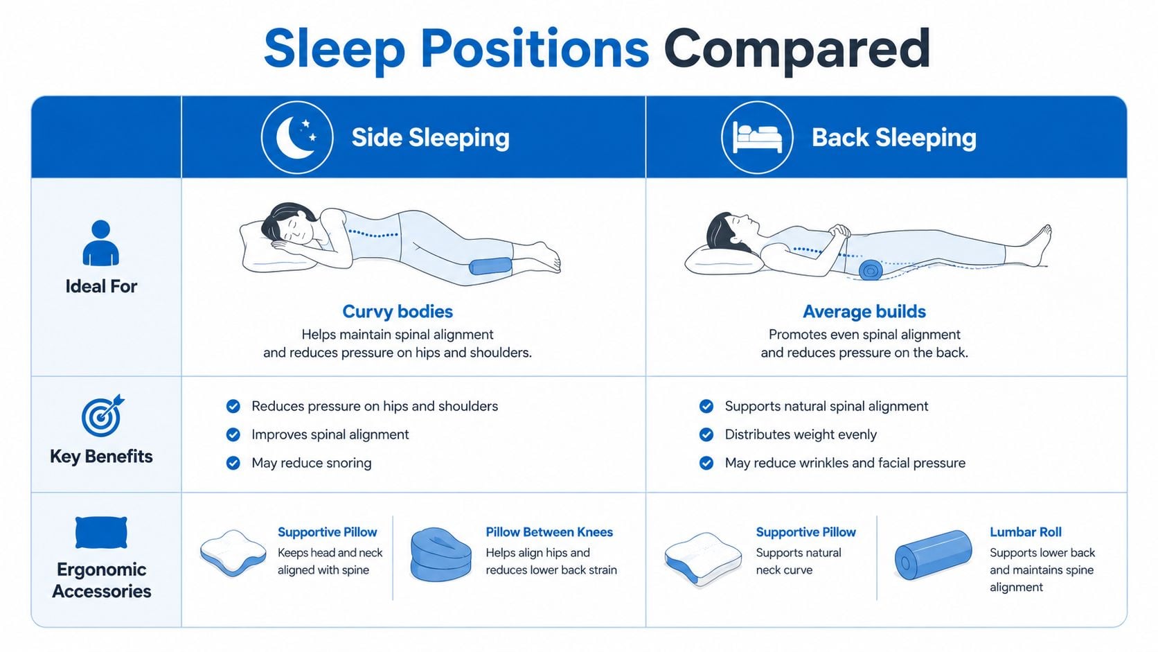 A comparison chart showing how side and back sleeping positions affect spinal alignment with recommended ergonomic accessories.
