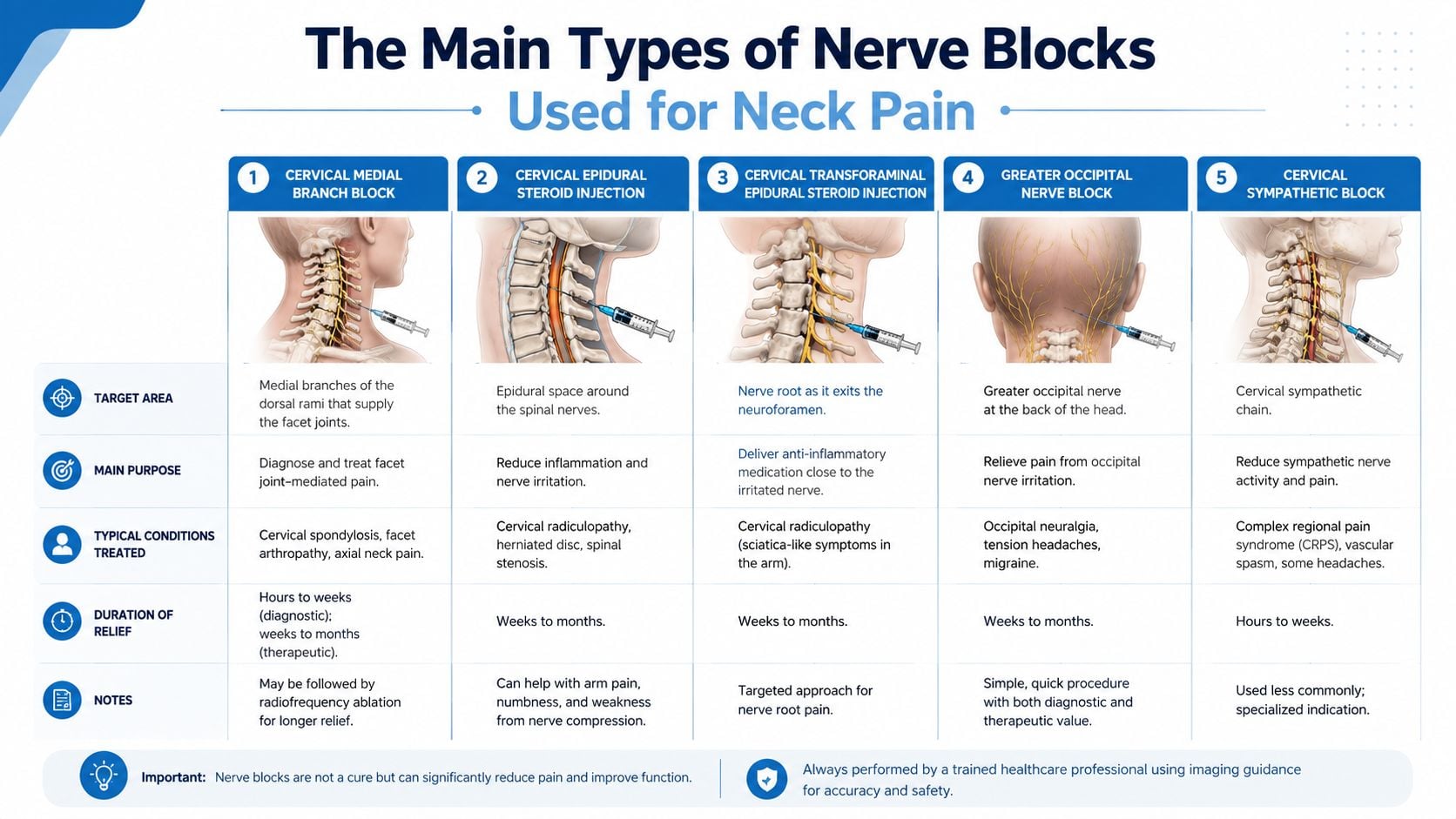 A detailed chart illustrating five common types of nerve blocks used to treat various causes of neck pain.