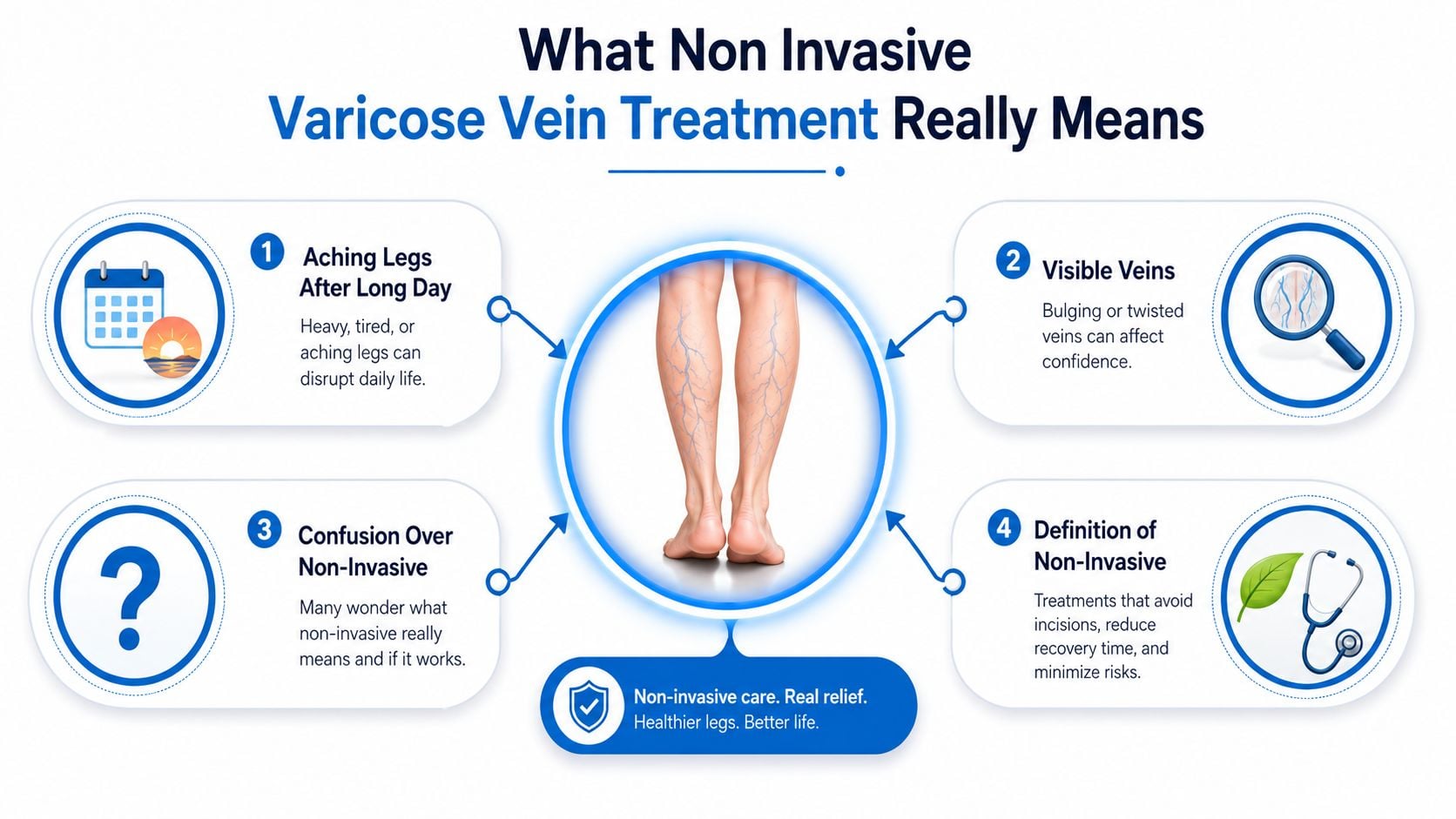 An infographic explaining the benefits and meaning of non-invasive treatment for aching and visible varicose veins.