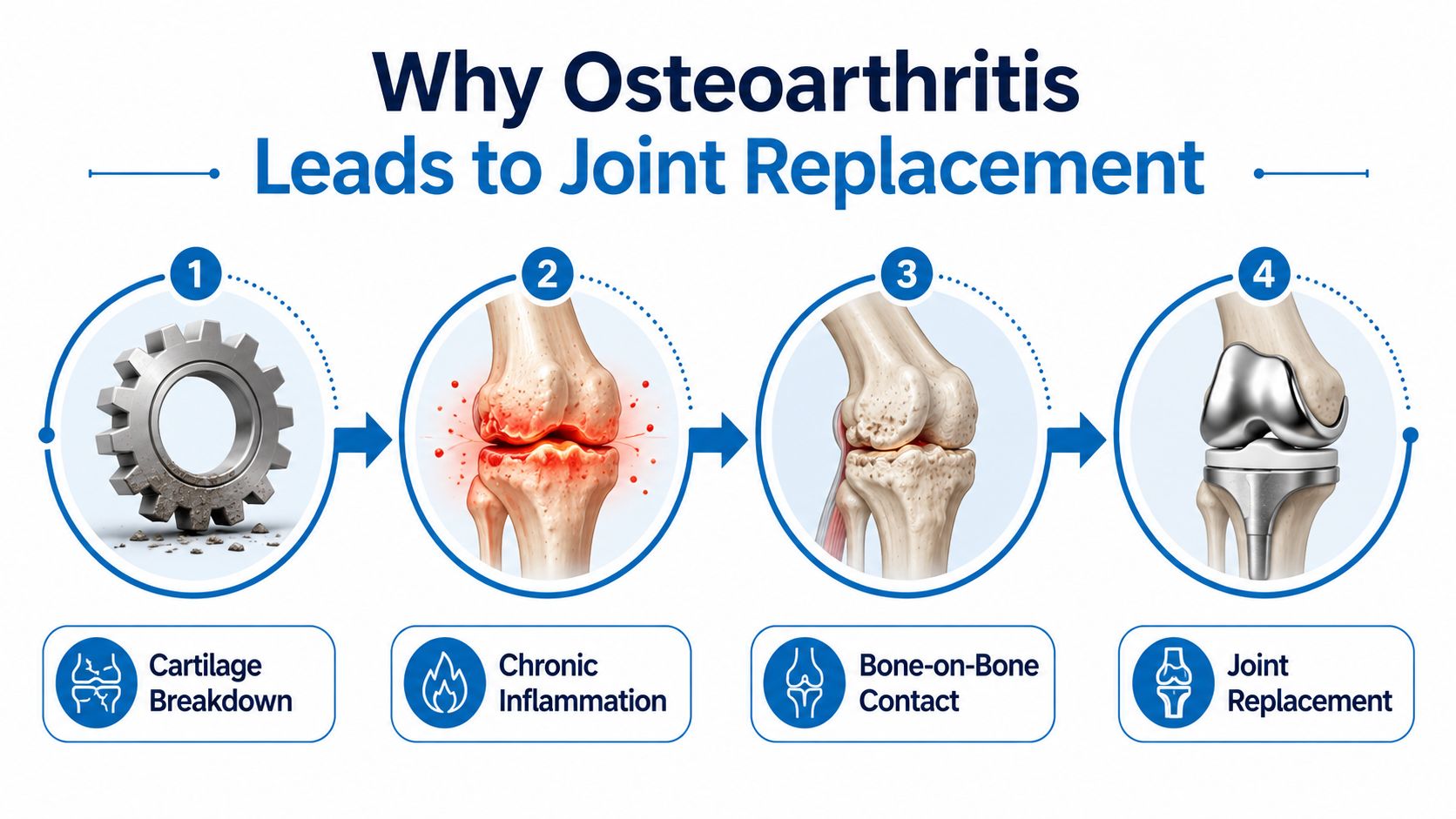 A four-step medical diagram explaining how osteoarthritis causes cartilage breakdown, inflammation, and eventual knee joint replacement surgery.