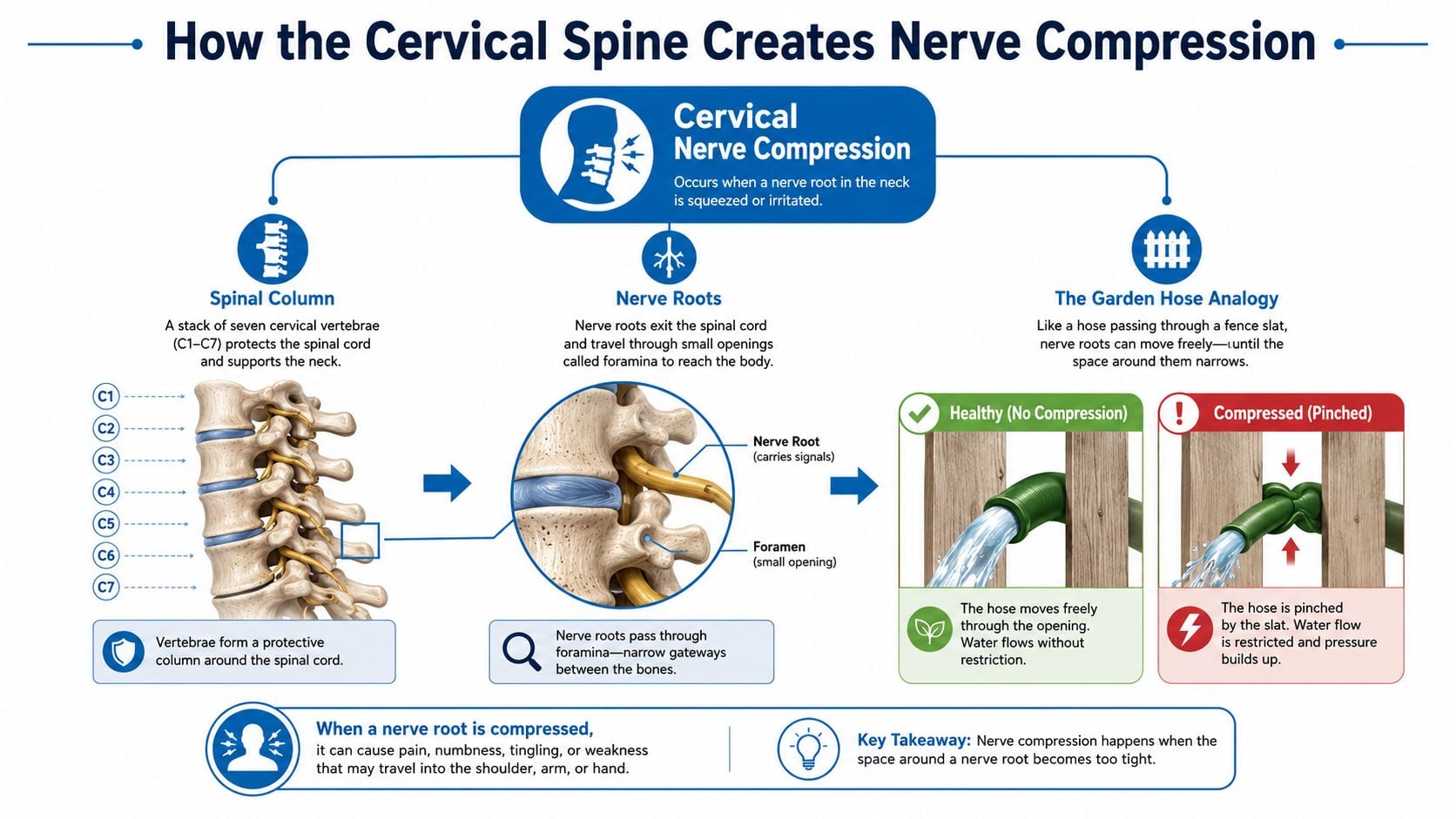 A diagram explaining how cervical spine issues cause nerve compression in the neck using a garden hose analogy.