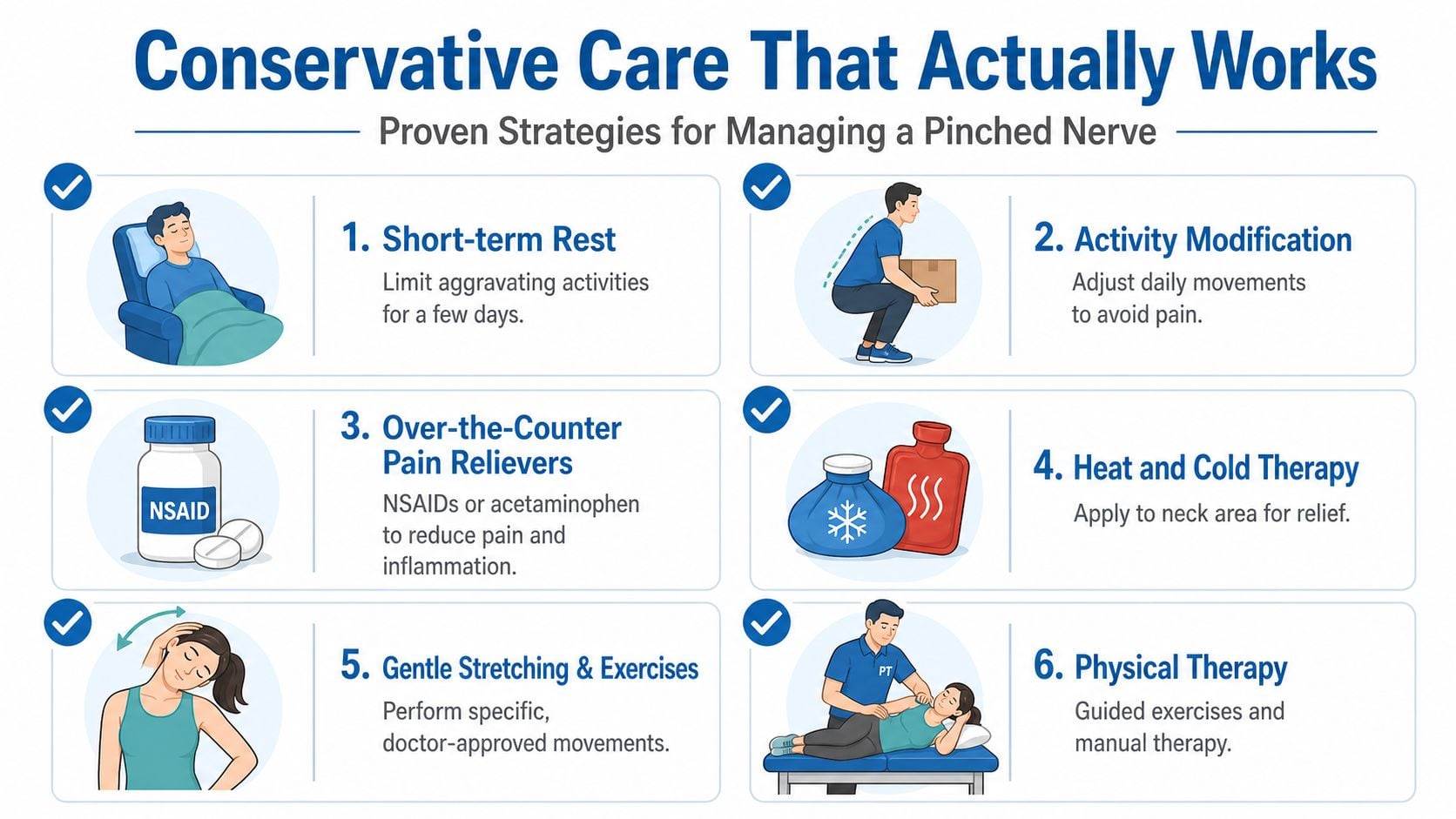 An infographic showing six conservative medical strategies for managing a pinched nerve in the neck effectively.