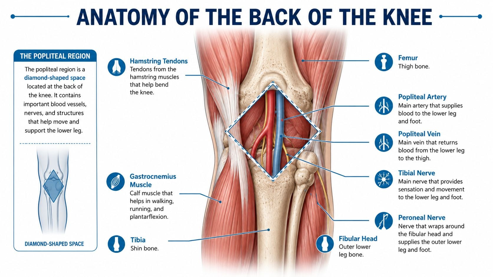 A detailed anatomical illustration highlighting the popliteal region and structures located at the back of the knee.