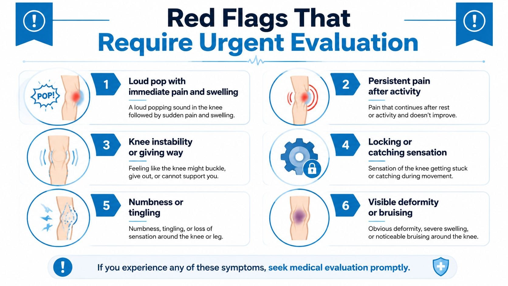 An infographic detailing six red flag symptoms of knee injury that require urgent medical evaluation.
