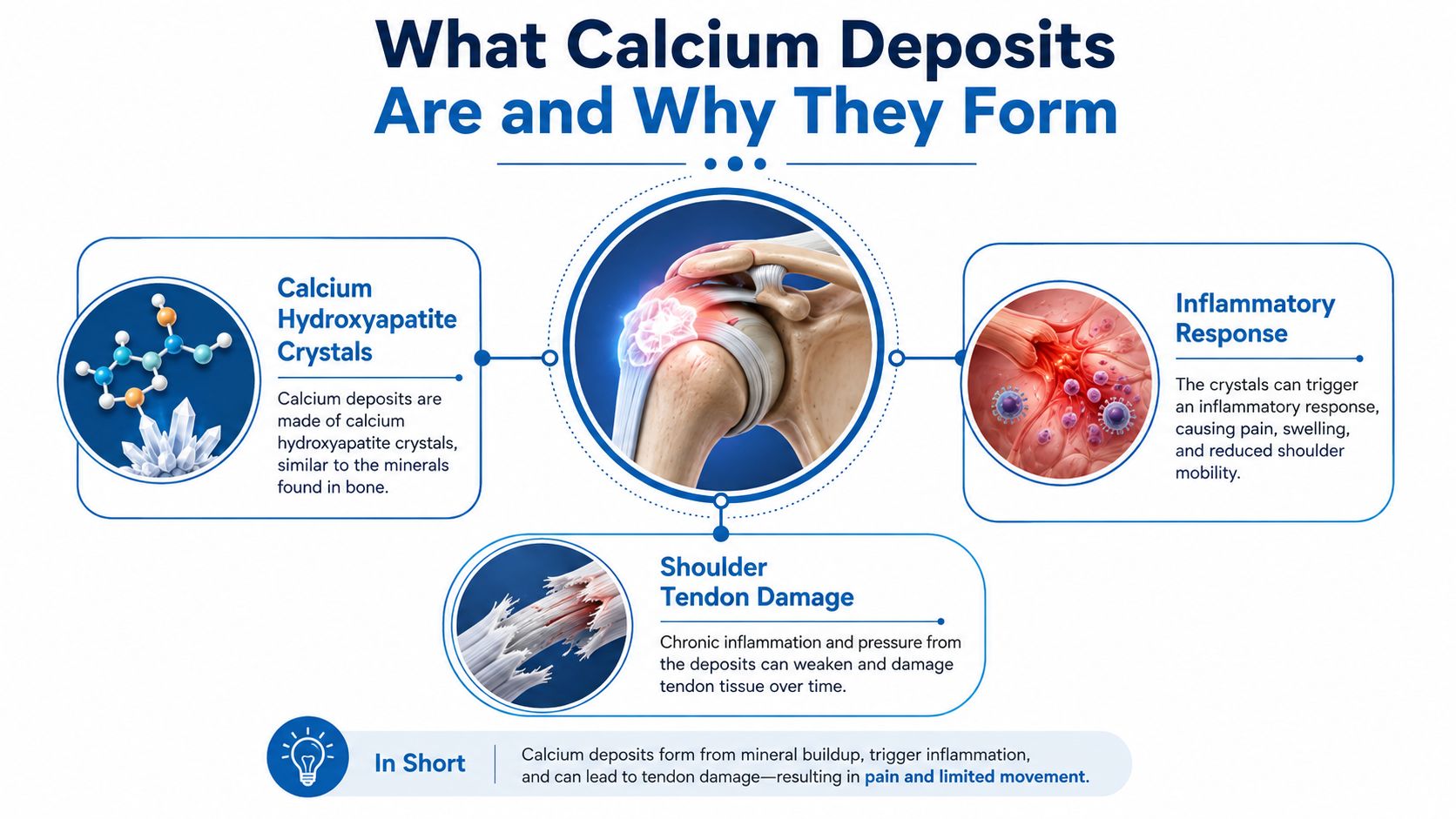 A diagram illustrating how calcium hydroxyapatite crystals form in the shoulder, causing inflammation and tendon damage.