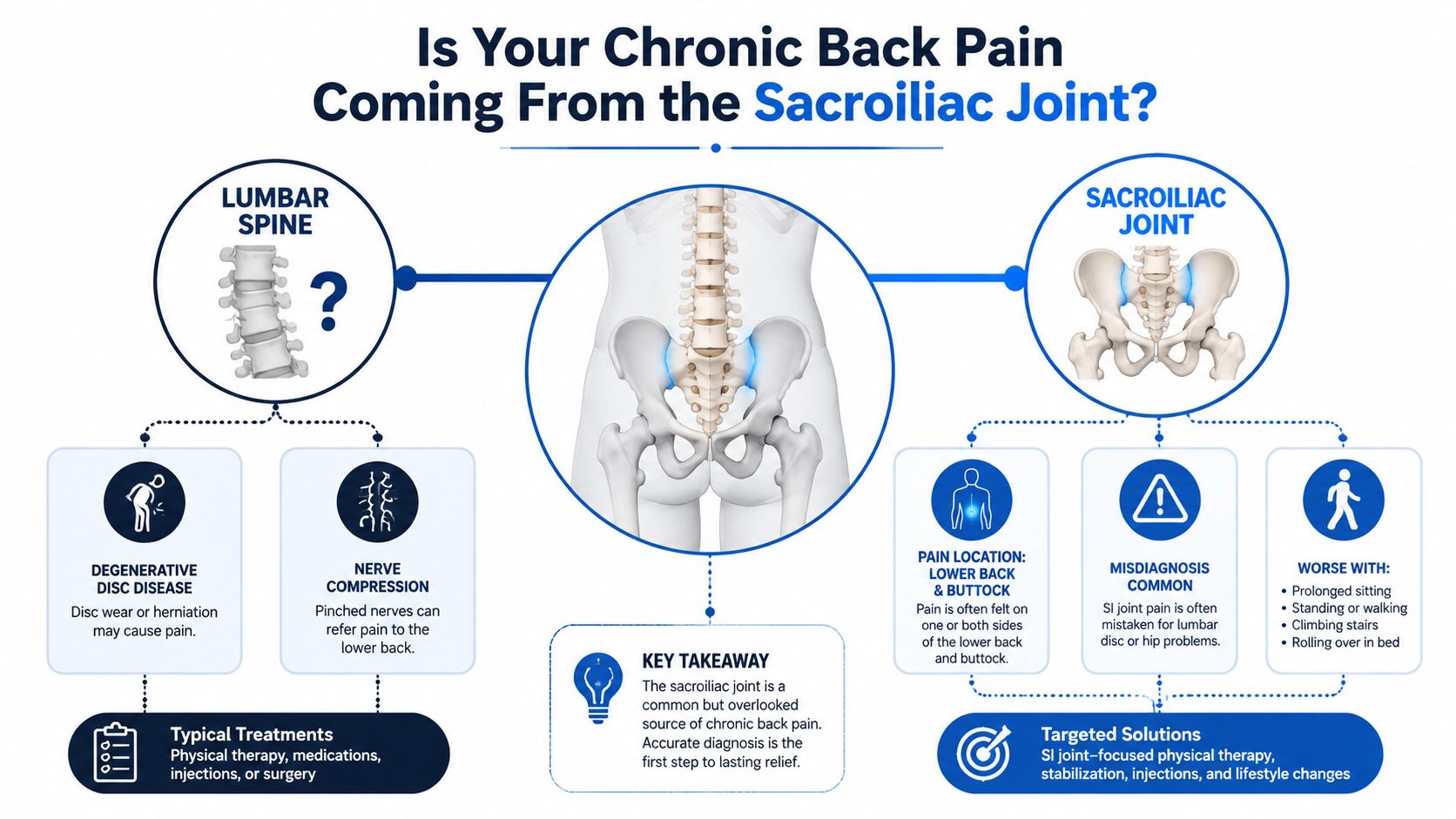 An infographic showing the difference between lumbar spine pain and sacroiliac joint pain, including symptoms and treatment.