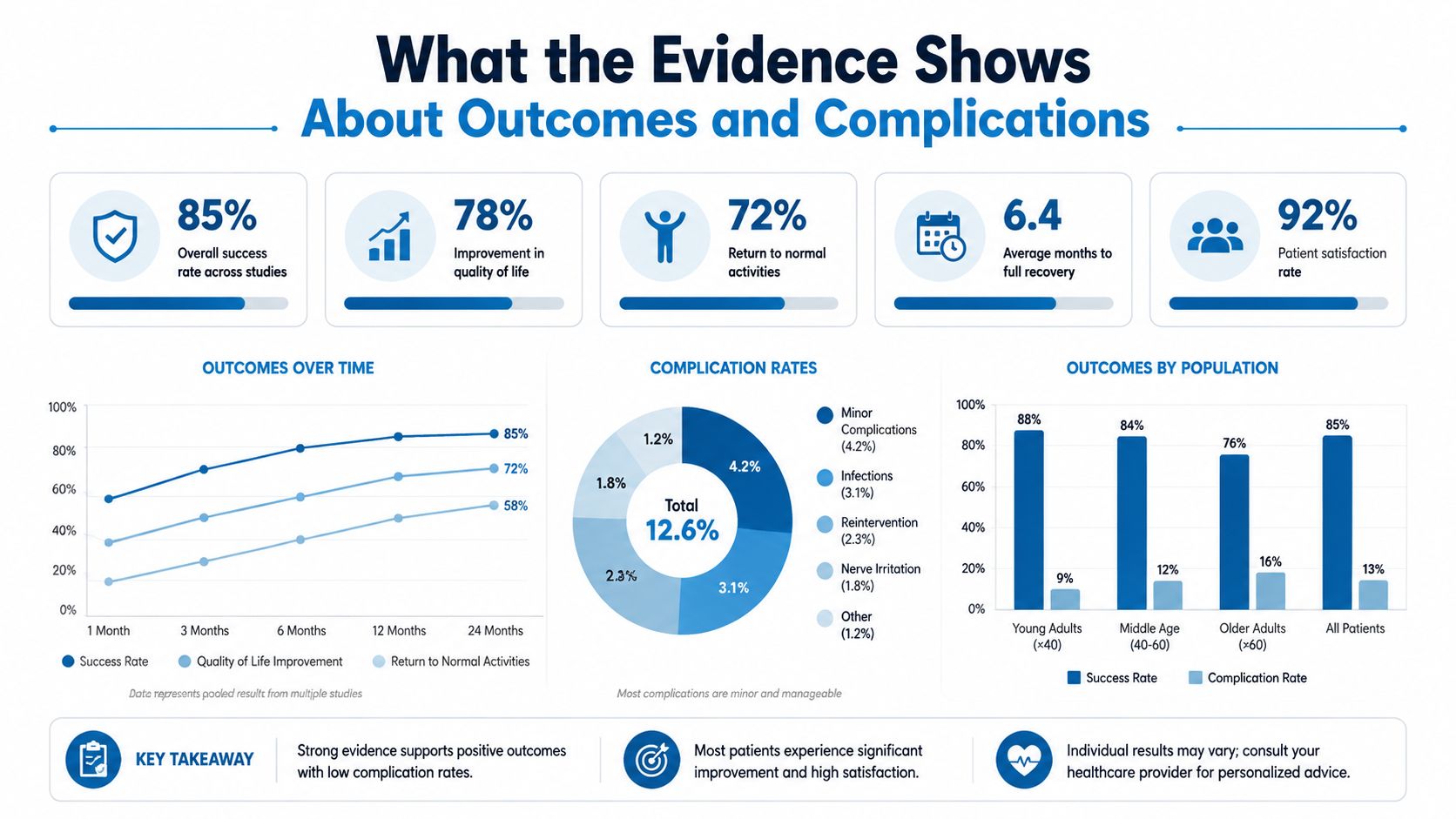 An infographic summarizing patient outcome statistics, complication rates, and recovery data for scoliosis correction surgery procedures.