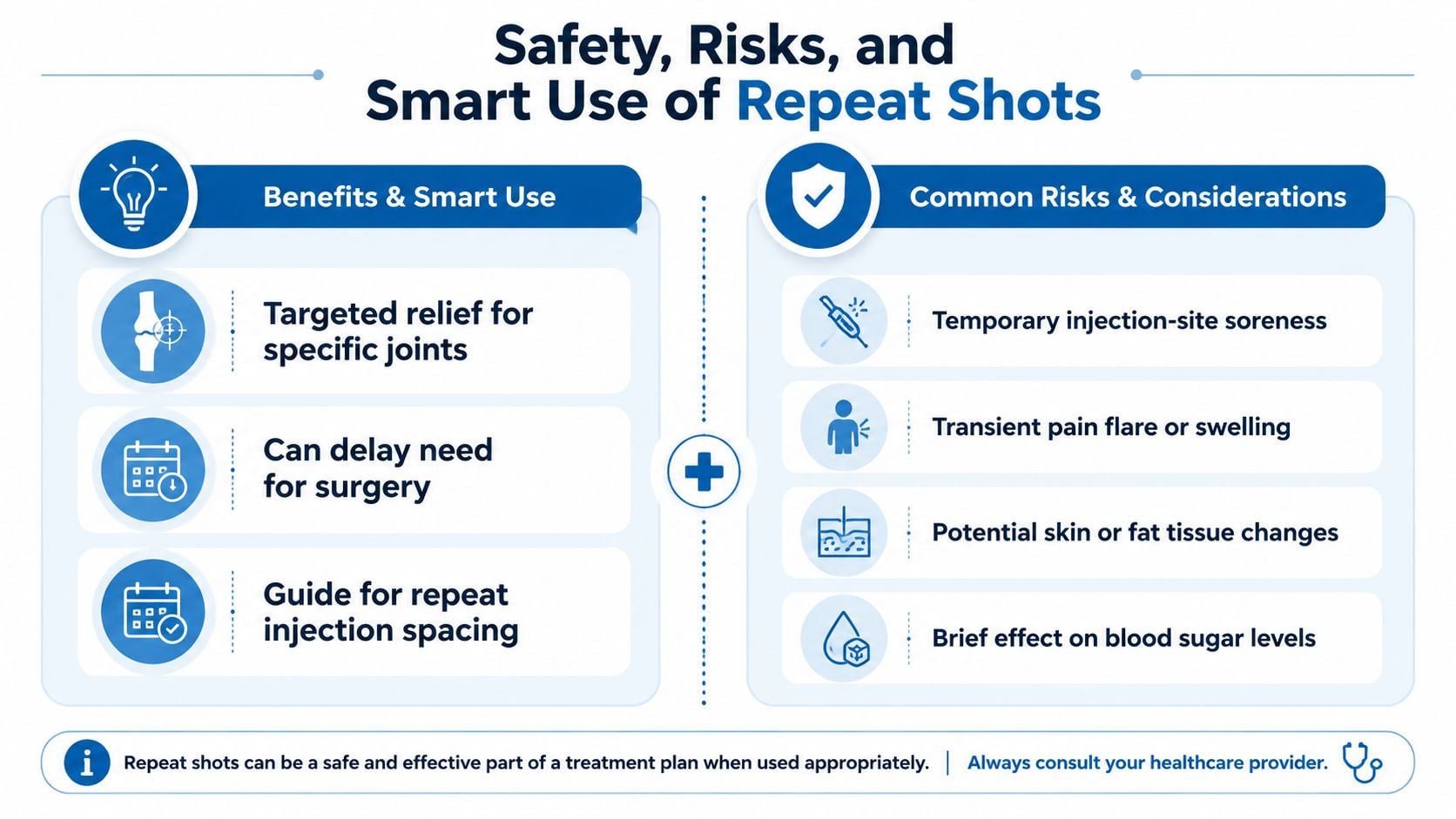 An infographic detailing the benefits, risks, and considerations for repeat joint pain injections with healthcare guidance.