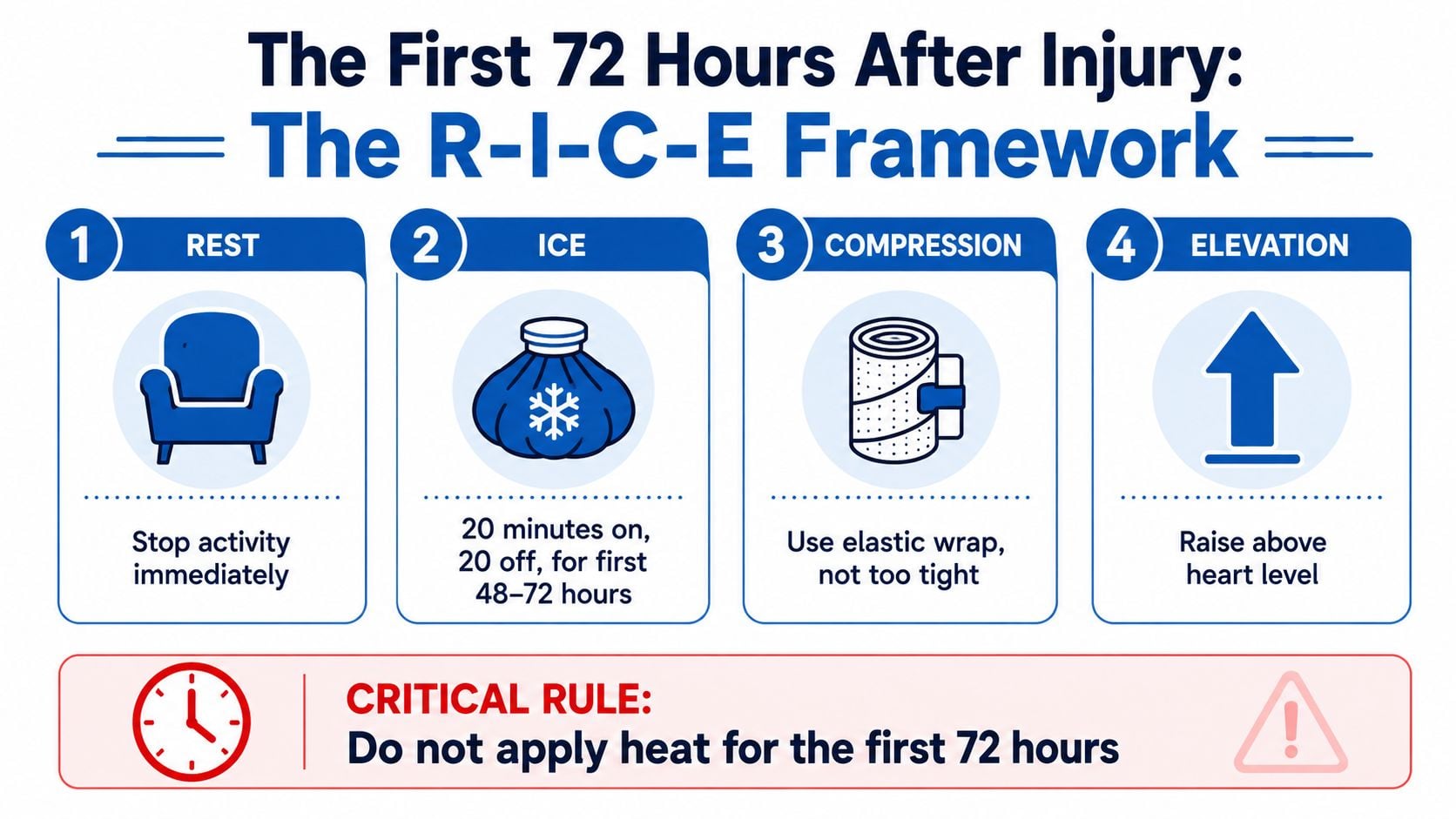 A guide illustrating the RICE framework for treating sports injuries during the first 72 hours.
